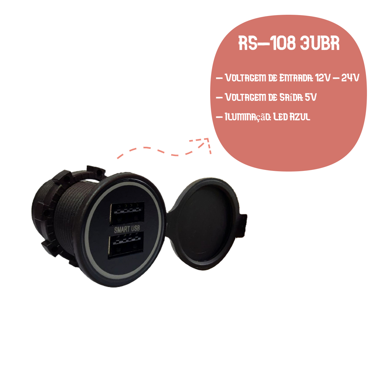 Tomada USB Automotiva SMART RS-108 3U BR 5V - Roadstar