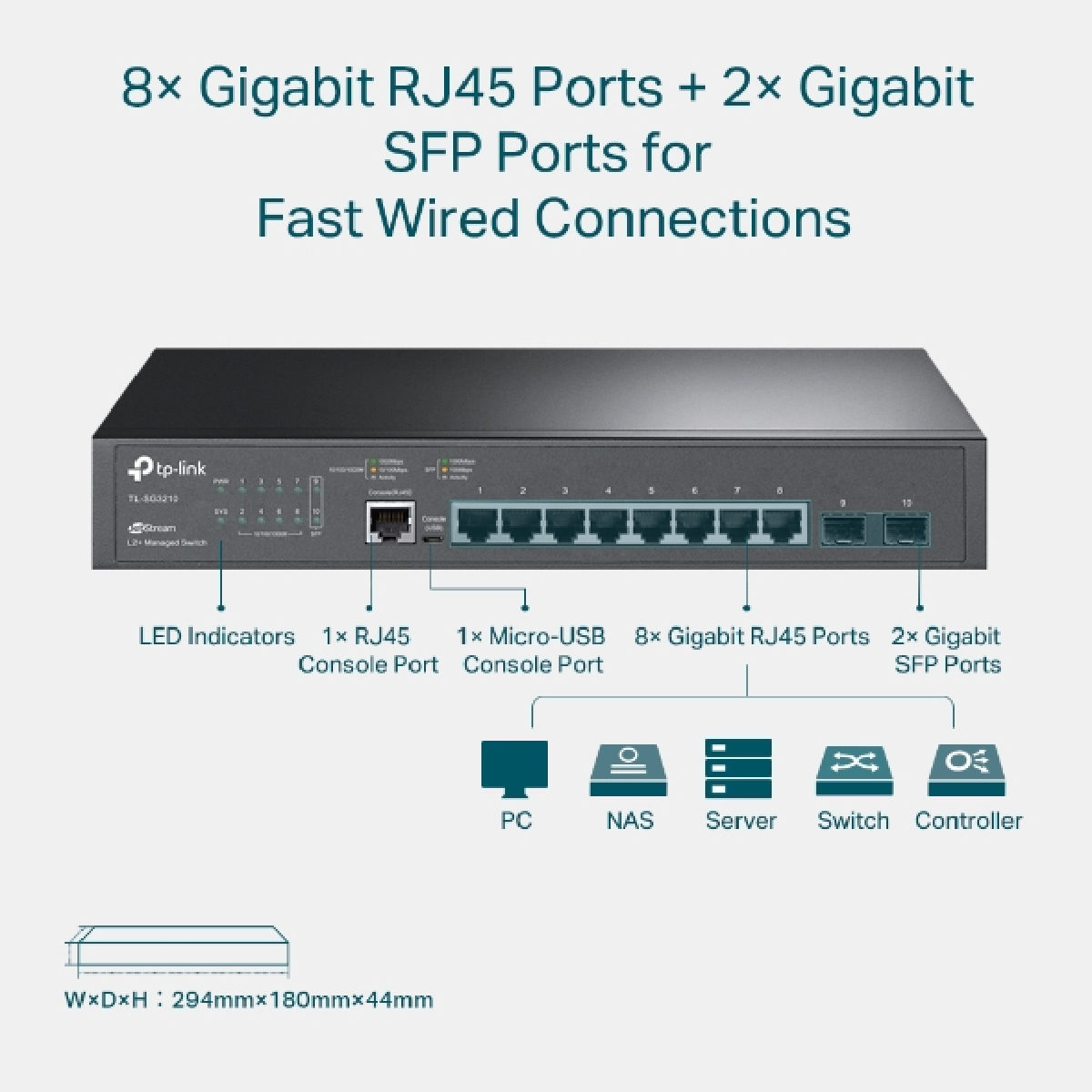 Switch Gerenciável 10/100/1000 8P + 2 SFP + Console RJ45 TL-SG3210 JetStream TP-LINK