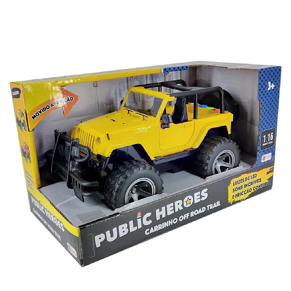 Brinquedo carrinho Off Road Trail Amarelo 1:16 com Luz, Som e Fricção - Shiny Toys 545