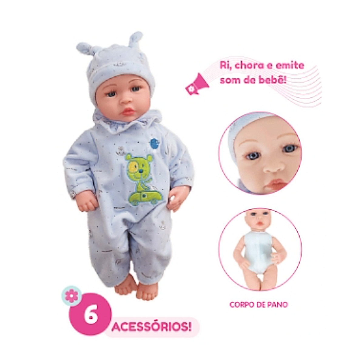 Boneca Bebê Reborn Laura Baby Cry Valentim 6 Acessórios Mecanismo Ri Chora e Faz Som Toys 000536