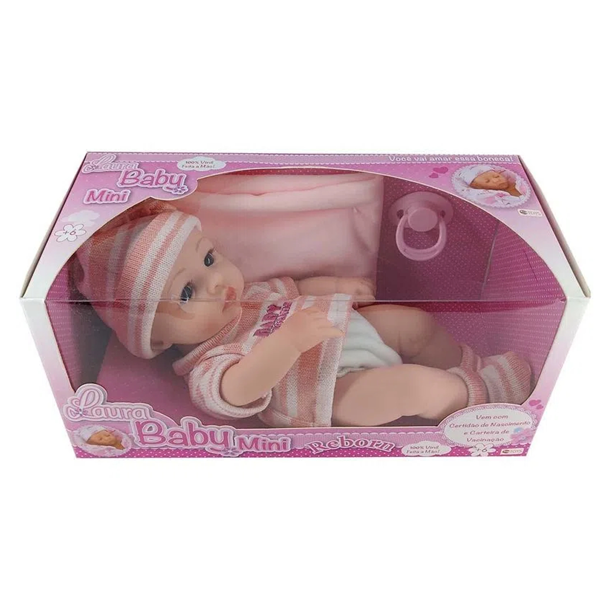 Boneca Bebe Reborn Laura Baby Mini Jolie 100% Vinil Macio 3 Acessórios Enxoval Completo Toys 00543
