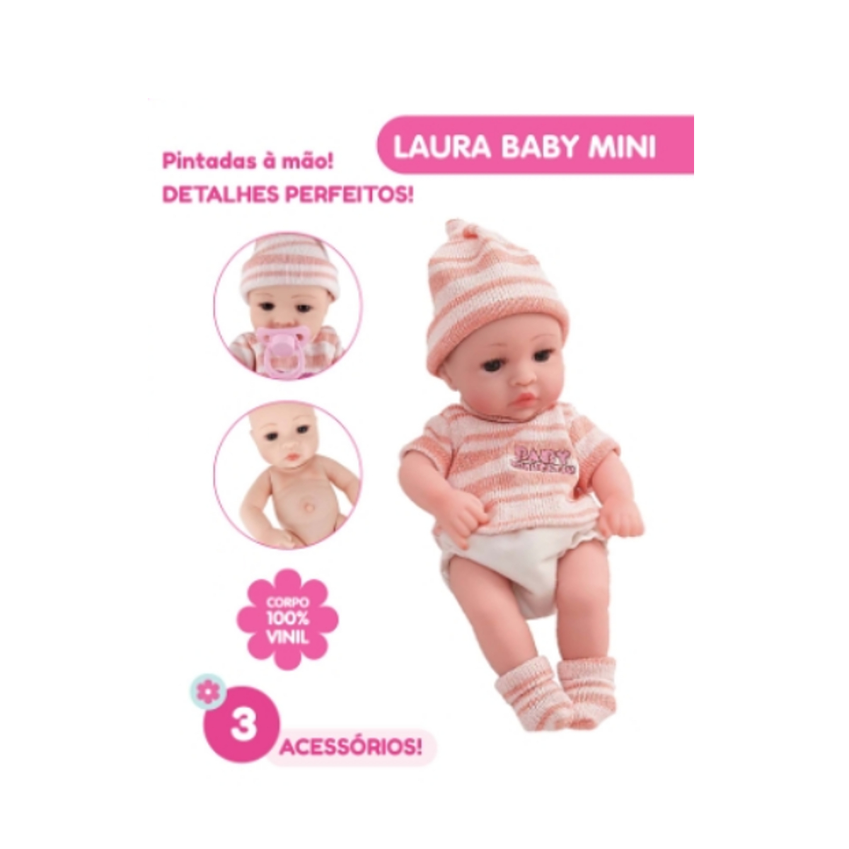 Boneca Bebe Reborn Laura Baby Mini Jolie 100% Vinil Macio 3 Acessórios Enxoval Completo Toys 00543