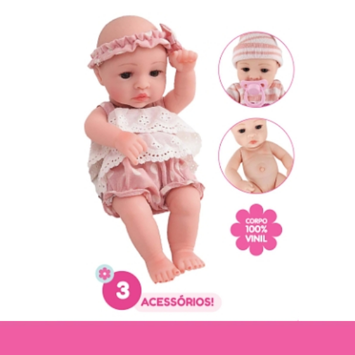 Boneca Bebê Reborn Laura Mini Lauren 100% Vinil Siliconado Completo 3 Acessórios Shiny Toys 000544