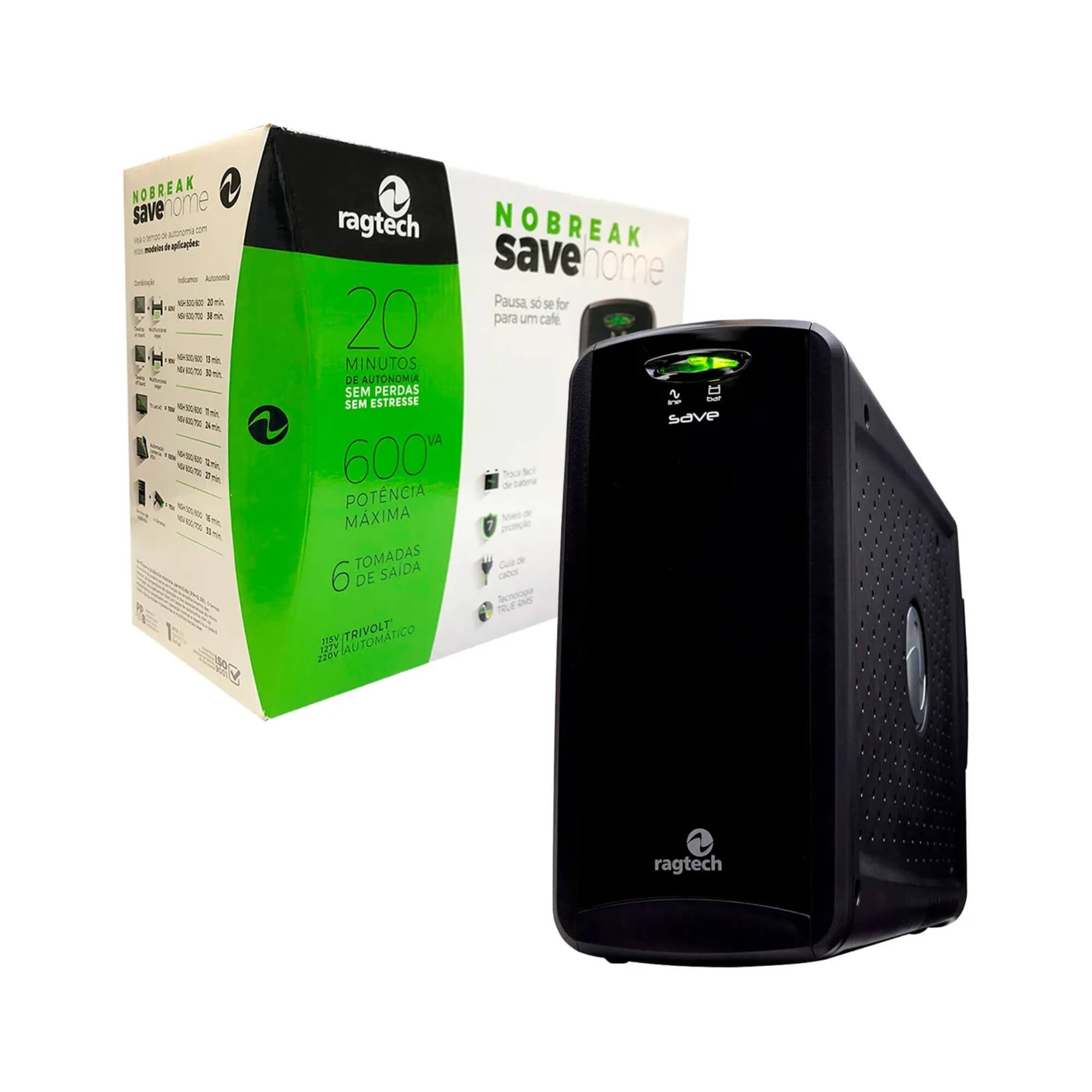 Nobreak Ragtech 600VA SAVE HOME STD -TI Black 20NSH4125 Trivolt Onda 6 Tomadas