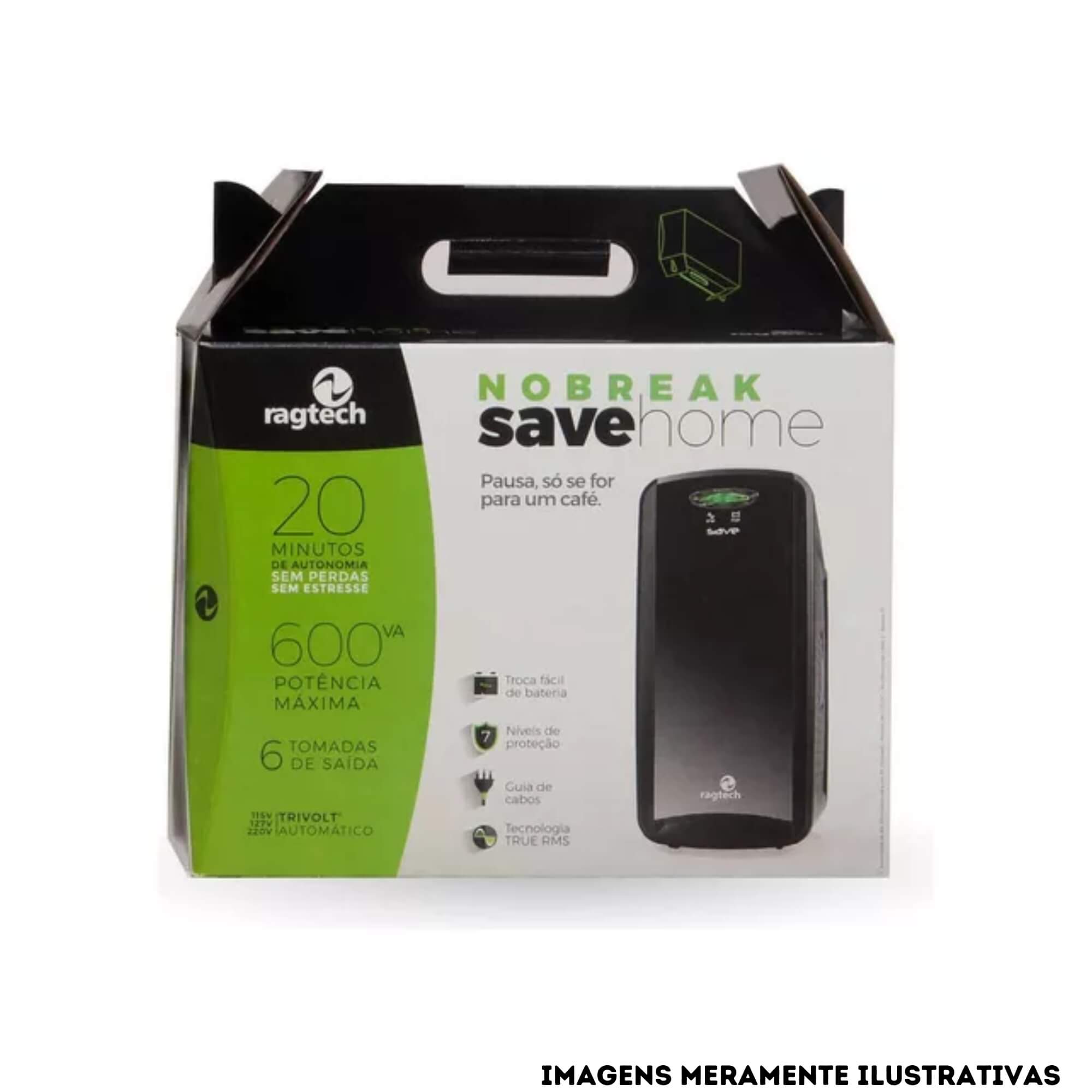 Nobreak Ragtech 600VA SAVE HOME STD -TI Black 20NSH4125 Trivolt Onda 6 Tomadas