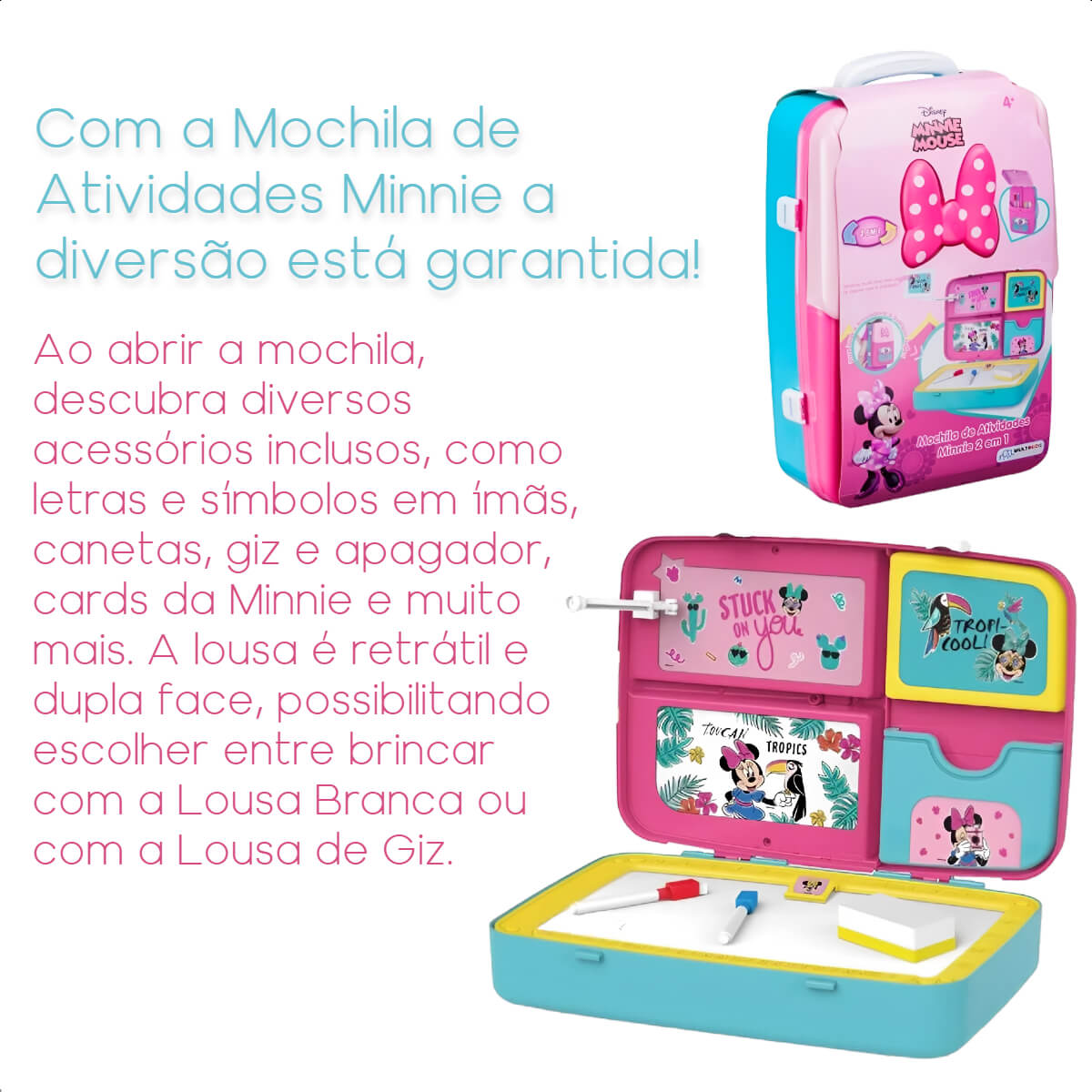 Mochila Infantil de Atividades Minnie Rosa com Canetinhas e Acessorios 2 em 1 Multikids BR1588