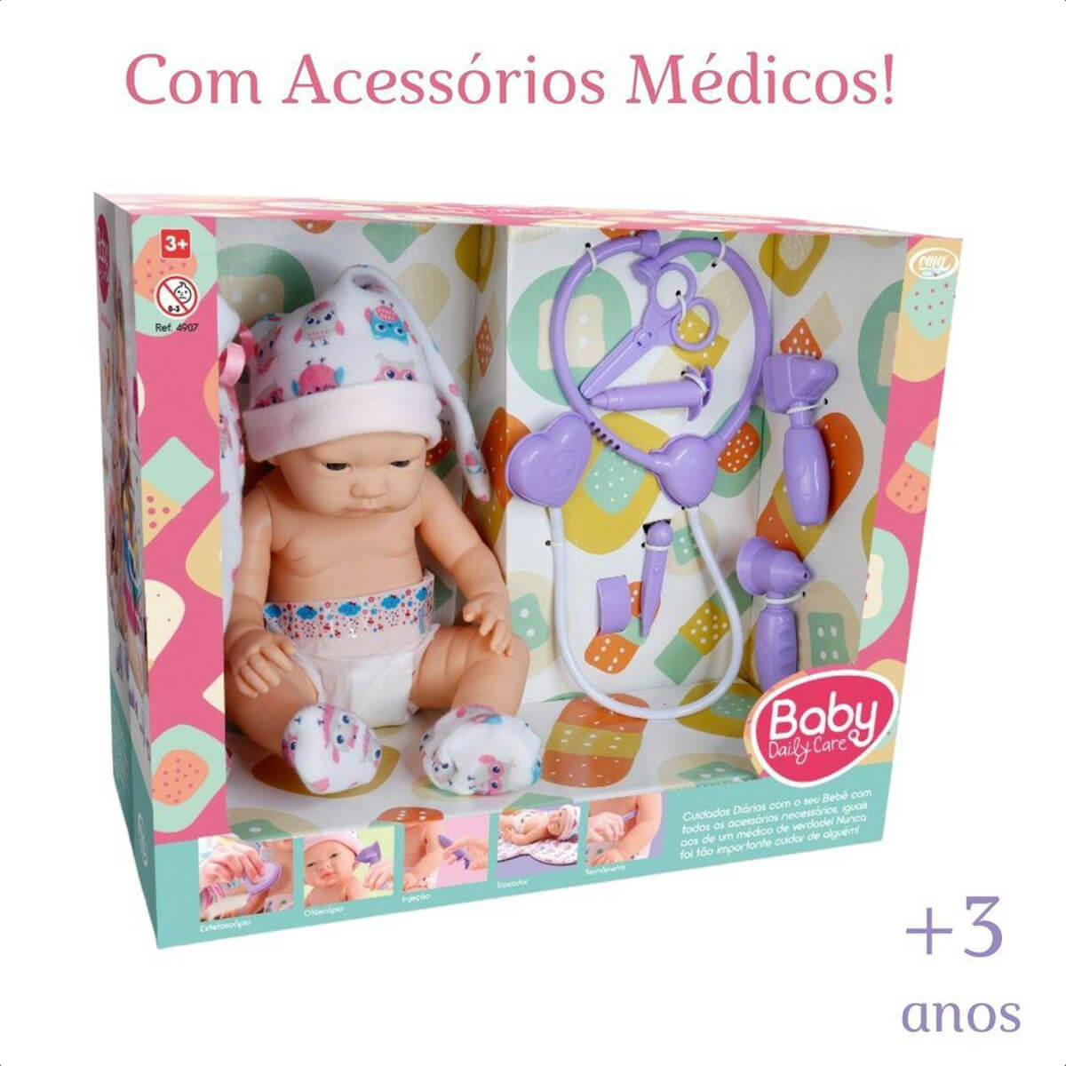 Boneca Reborn Daily Care em Vinil Macio com Acessórios Médicos Faz de Conta Omg Kids 4907