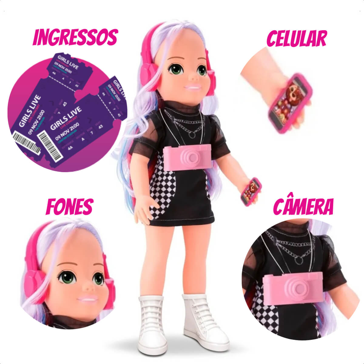 Brinquedo Boneca Girls Life Music 100% Vinil Acessórios Faz de Conta Brincadeira Omg Kids - 4910