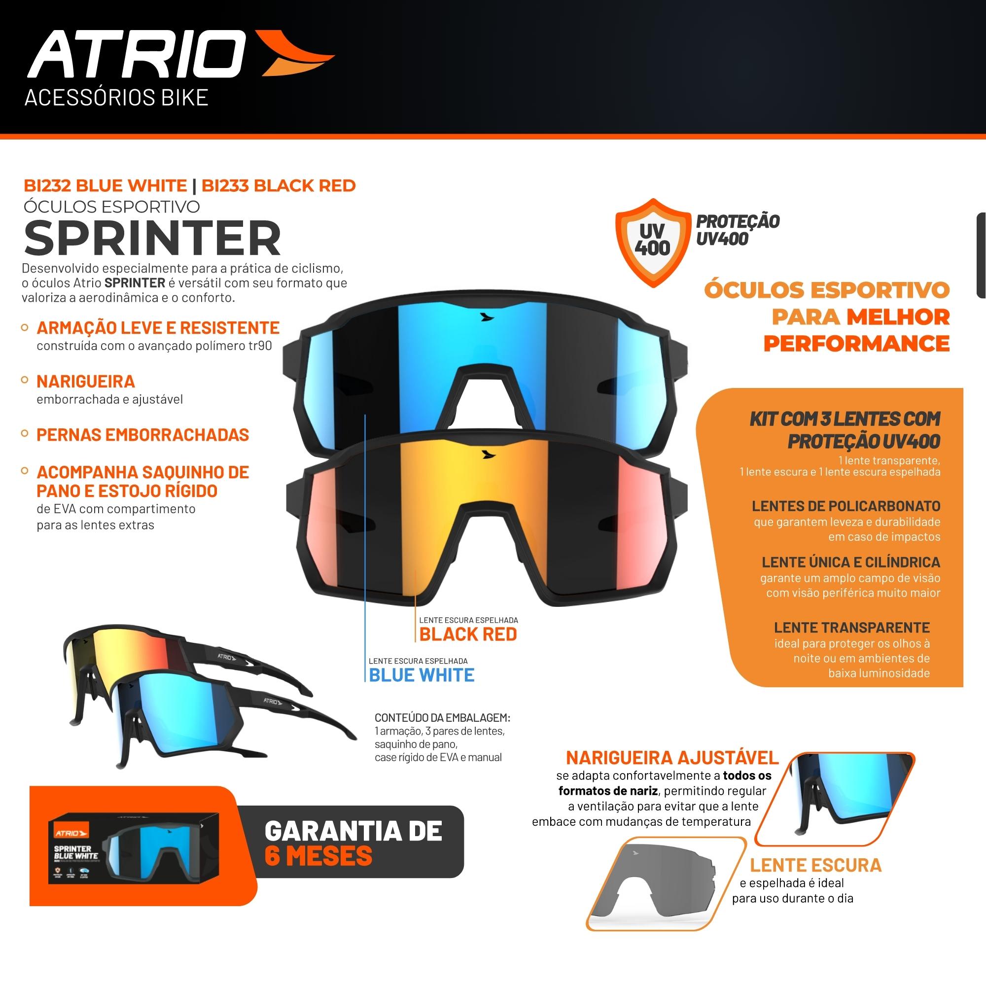Óculos Esportivo Para Ciclismo Com Proteção UV400 E Kit3 Lentes Sprinter Blue White Atrio - BI232