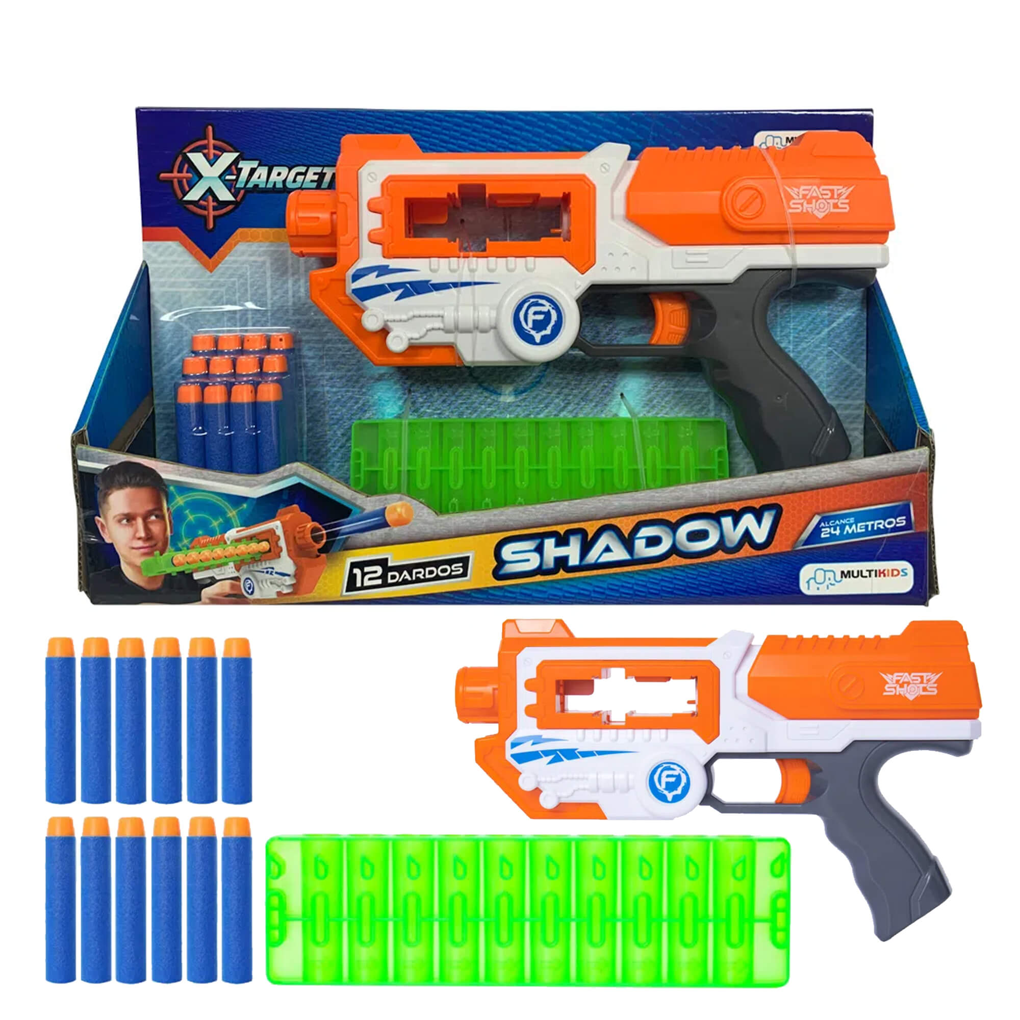 Brinquedo Lançador de Dardos X-Target Shadow com 12 Dardos Alcance 24m Multikids - BR1455