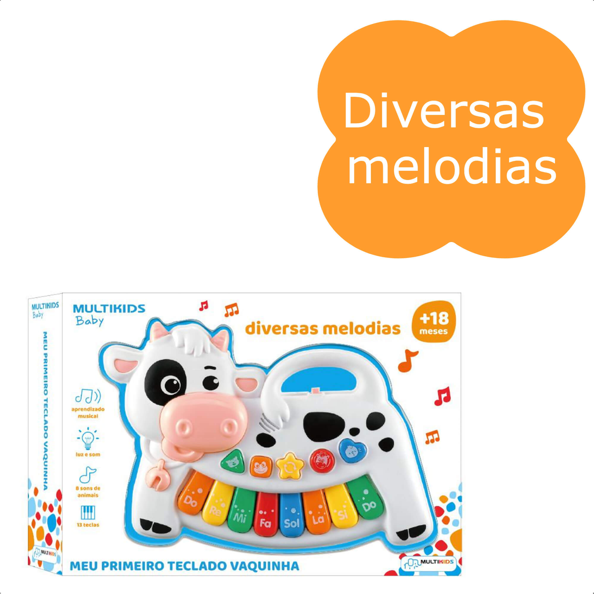 Teclado Infantil Vaquinha 13 Teclas com Sons de Animais e Melodias – Multikids BR1509