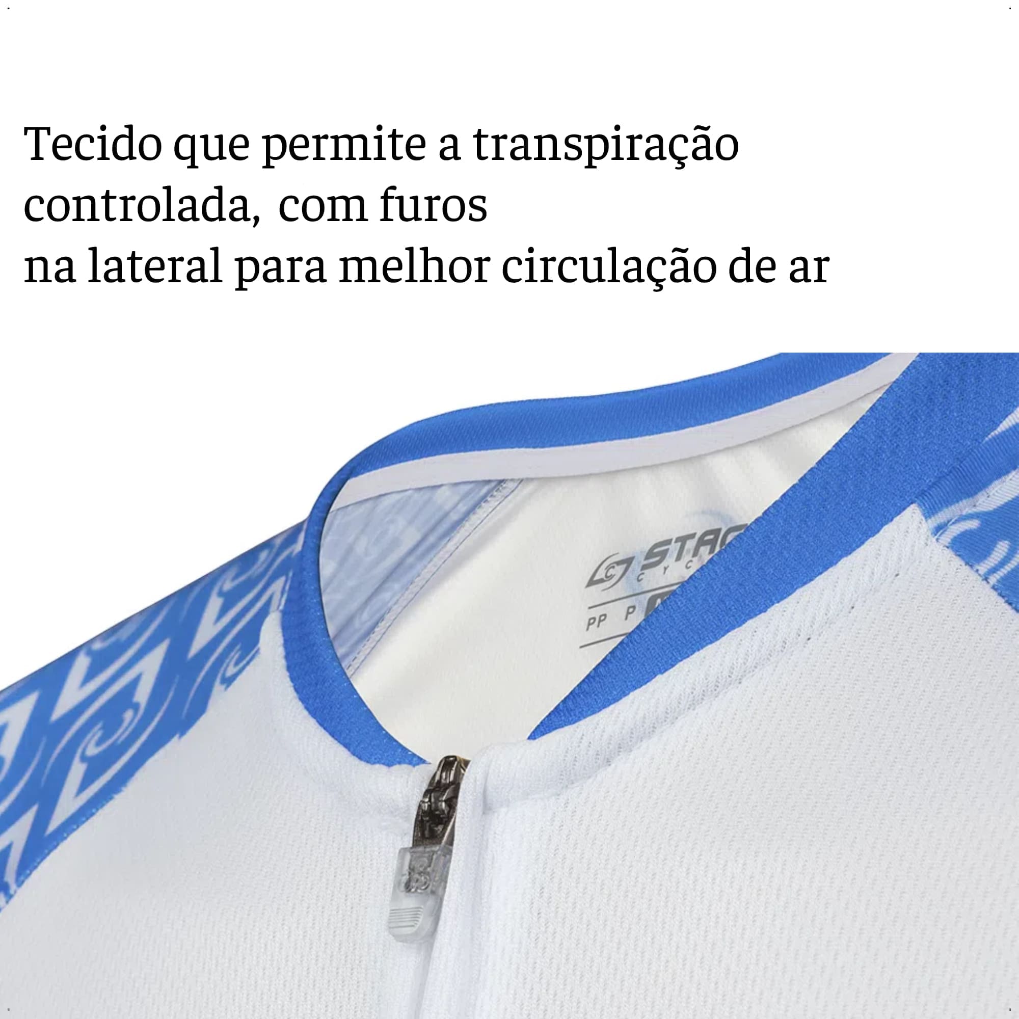 Camisa Ciclismo Masculina M Zíper Bolso Traseiro Azul e Branco Corrida Treino UV50+ Atrio VB042