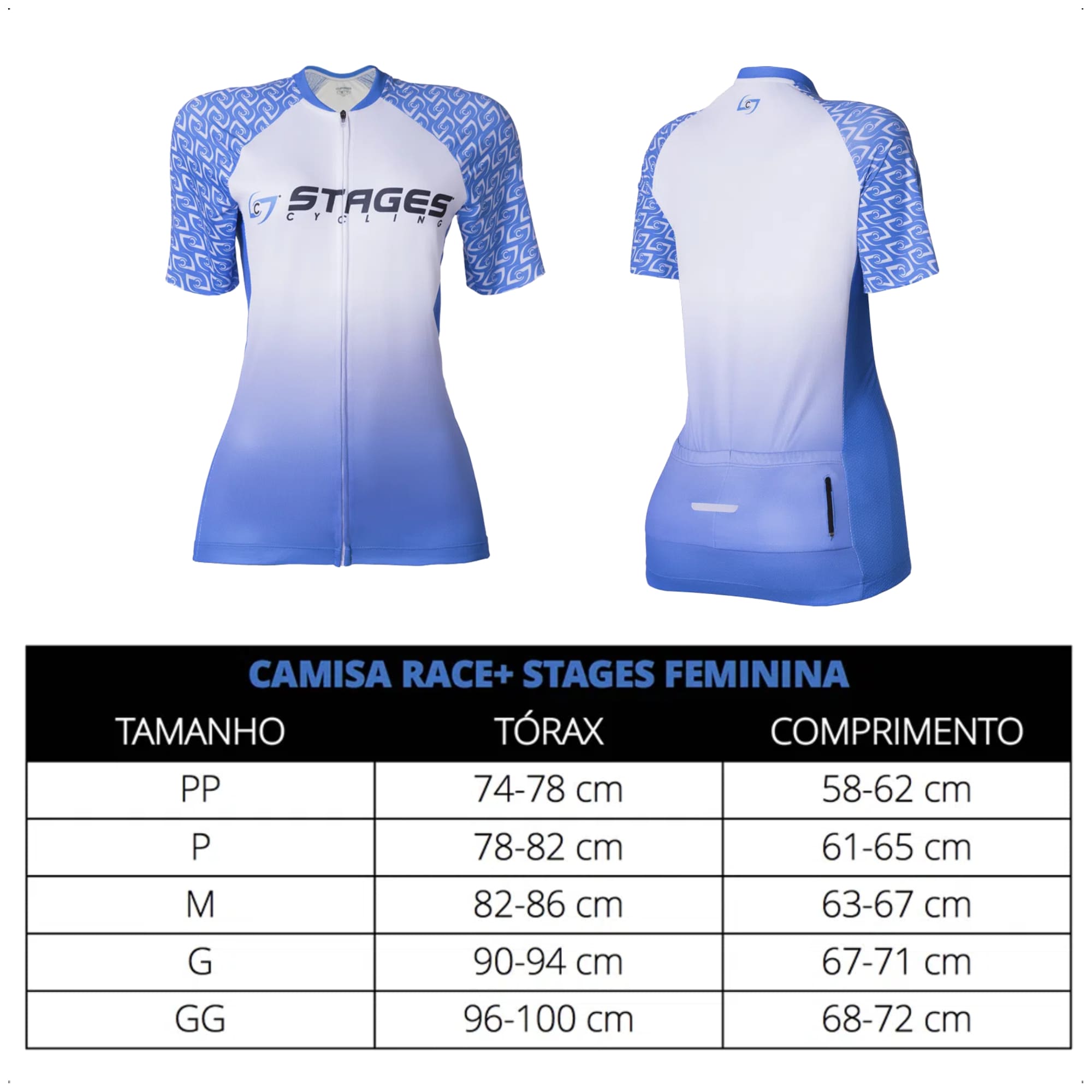 Camisa Ciclismo Feminina PP Zíper Bolso Traseiro Degrade Azul e Branco Corrida Academia Atrio VB046