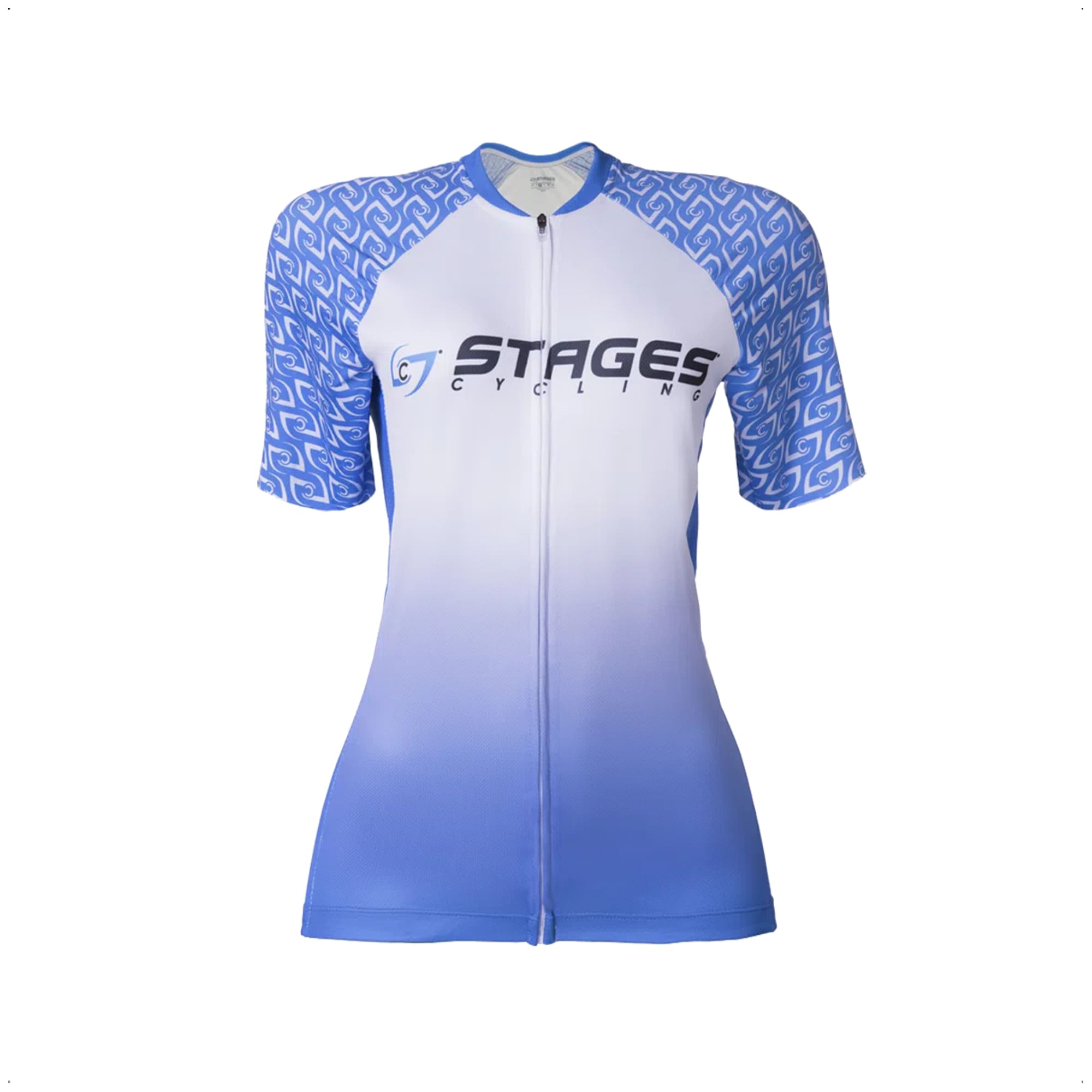 Camisa Ciclismo Feminina M Zíper Bolso Traseiro Degrade Branca e Azul Corrida Academia Atrio VB048