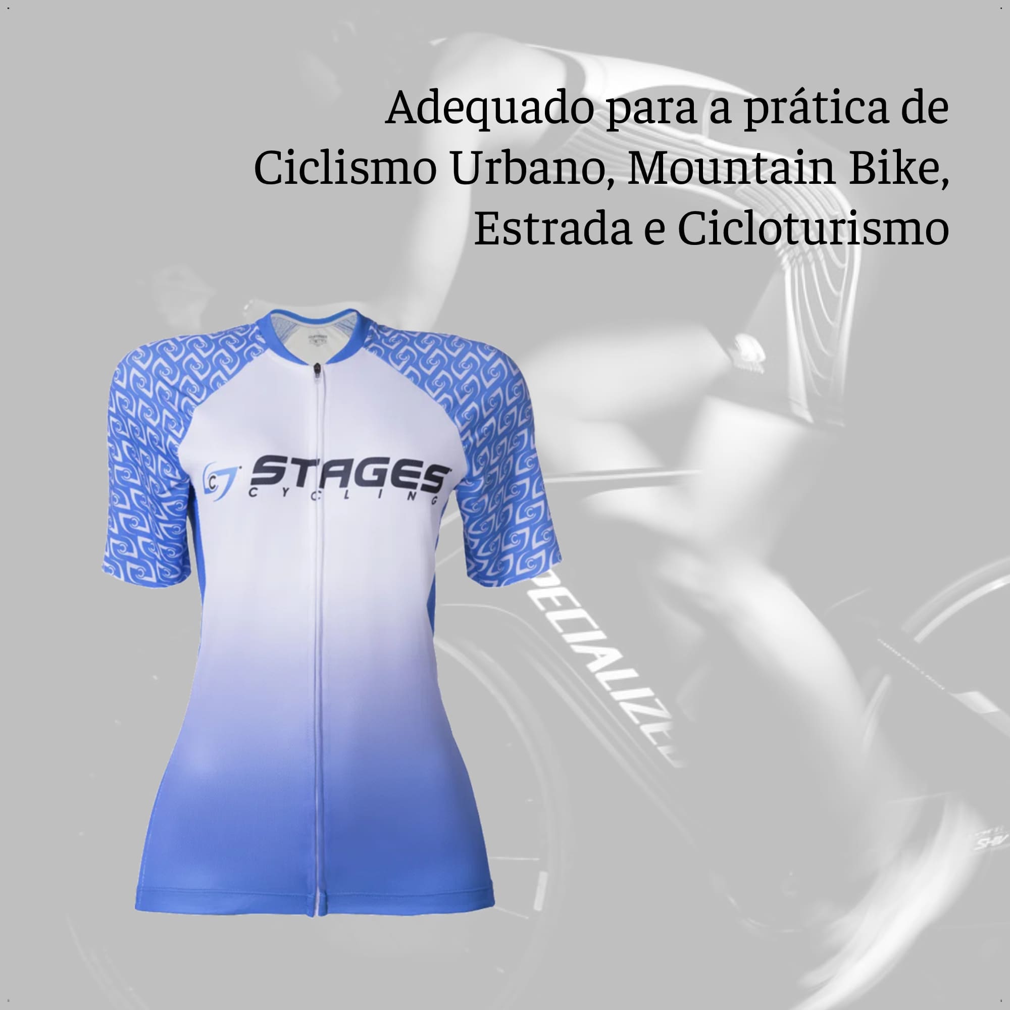 Camisa Ciclismo Feminina GG Zíper Bolso Traseiro Degrade Branca e Azul Corrida Academia AtrioVB050