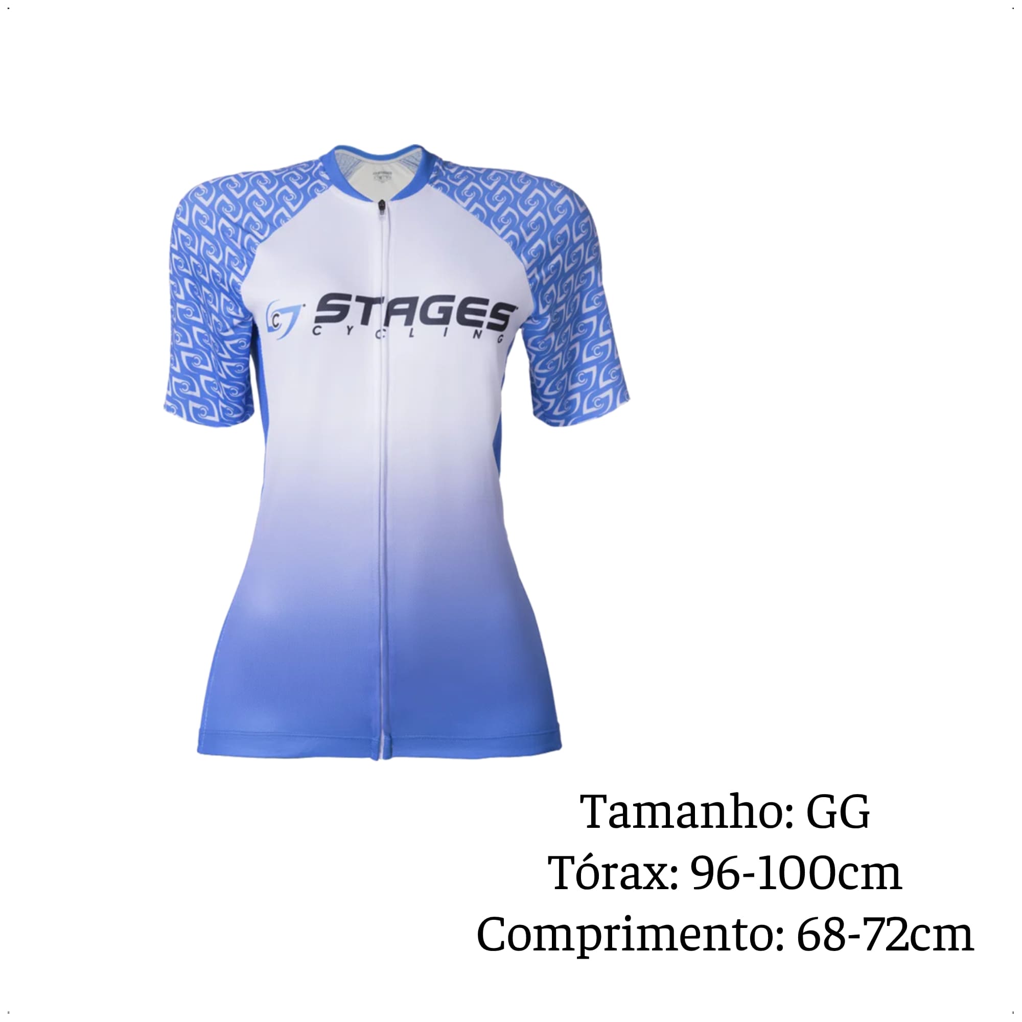 Camisa Ciclismo Feminina GG Zíper Bolso Traseiro Degrade Branca e Azul Corrida Academia AtrioVB050