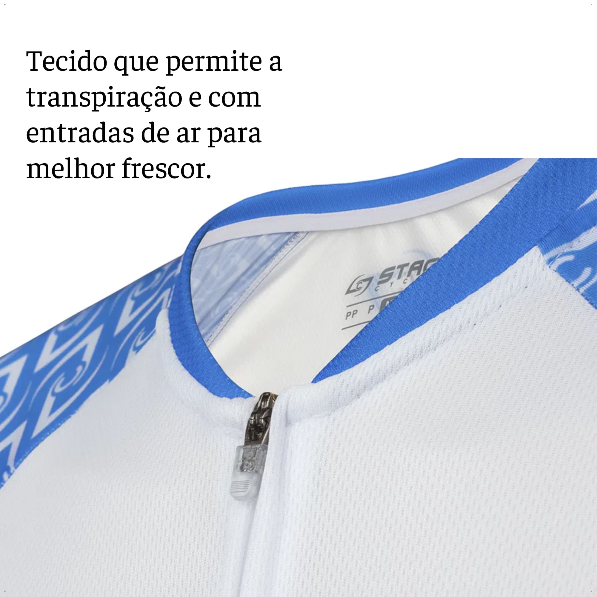 Camisa Ciclismo Feminina GG Zíper Bolso Traseiro Degrade Branca e Azul Corrida Academia AtrioVB050