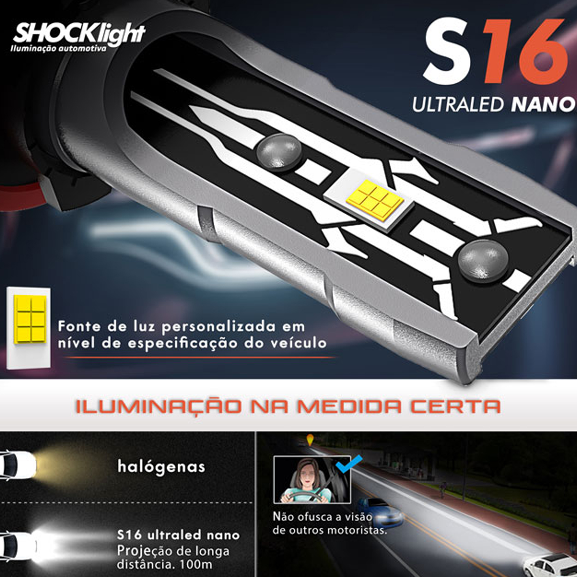 Par de Lâmpadas Ultraled S16 Nano H1 6000k 12V 40W 4200LM Shocklight - SLL-160001