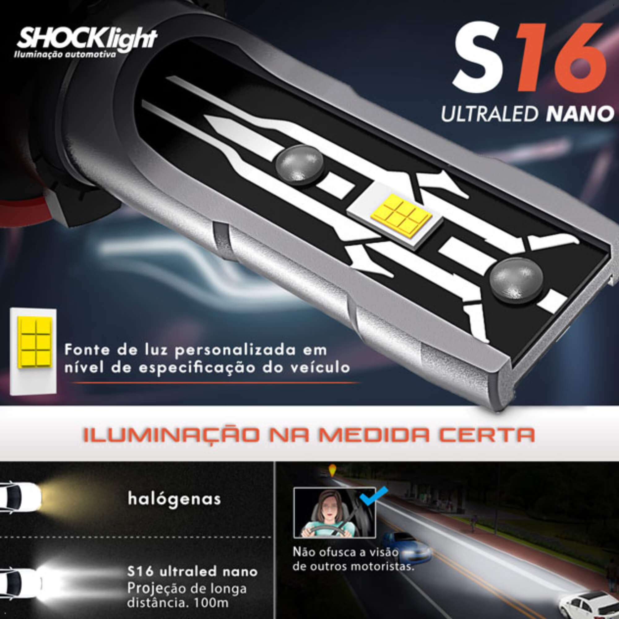 Par de Lâmpadas Ultra LED S16 Nano H3 6000K 12V 40W 4200 Lumens Shocklight -  SLL-160003