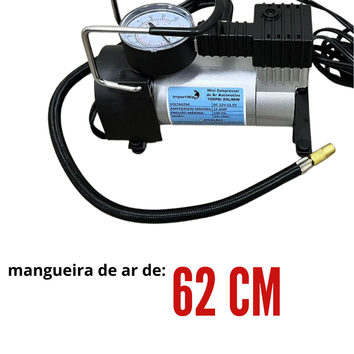 Mini Compressor de Ar Automotivo 100PSI 20L/MIN Importway IWMCA10020