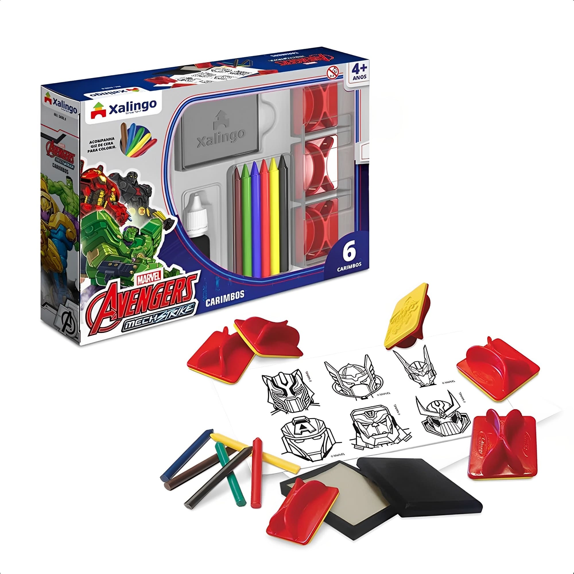 Jogo de Carimbos Avengers Mech Strike Vingadores c/ Tinta e Giz de Cera Xalingo - 54009