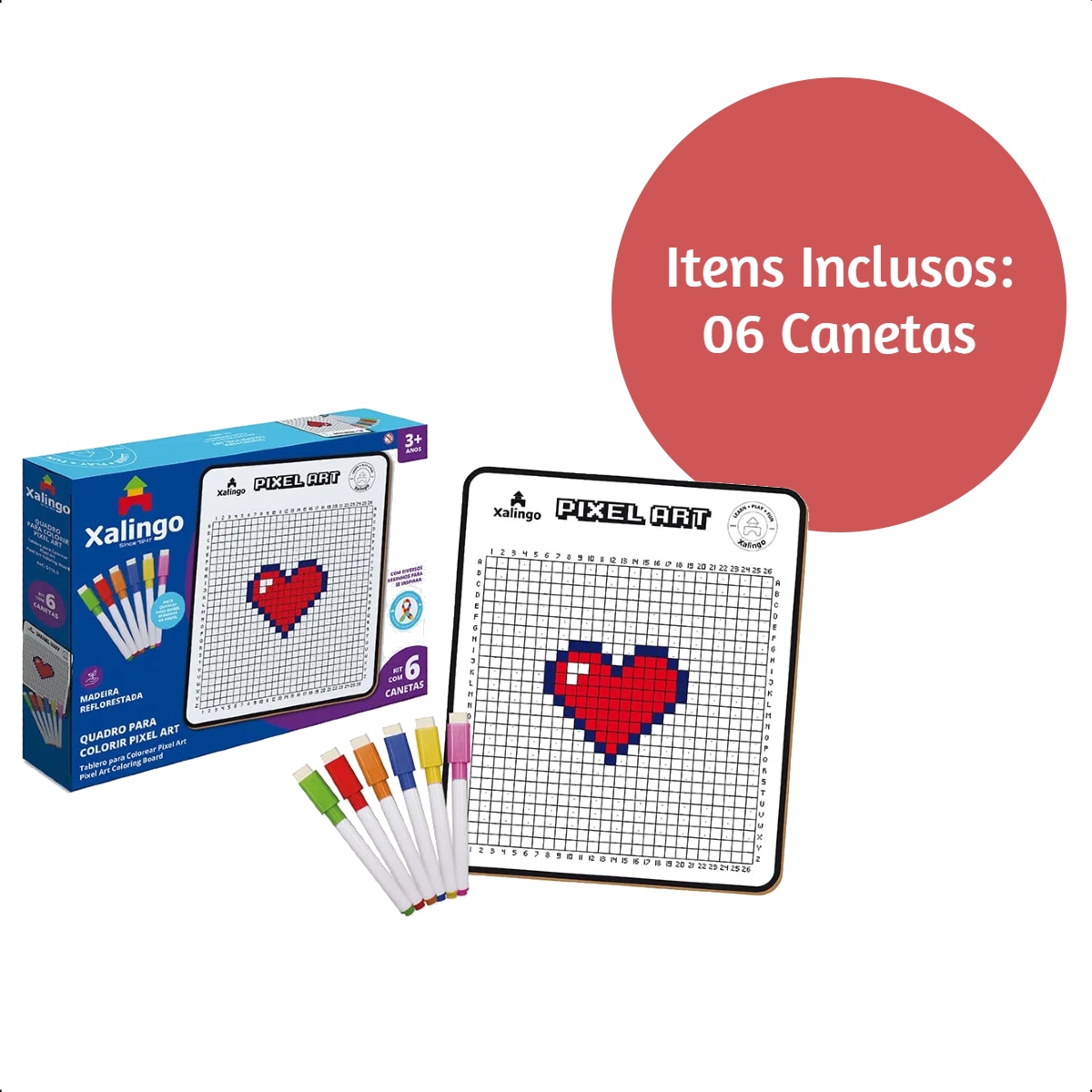Quadro Pixel Art para Colorir com 6 Canetas a Partir de 3 Anos TDAH Xalingo - 51165