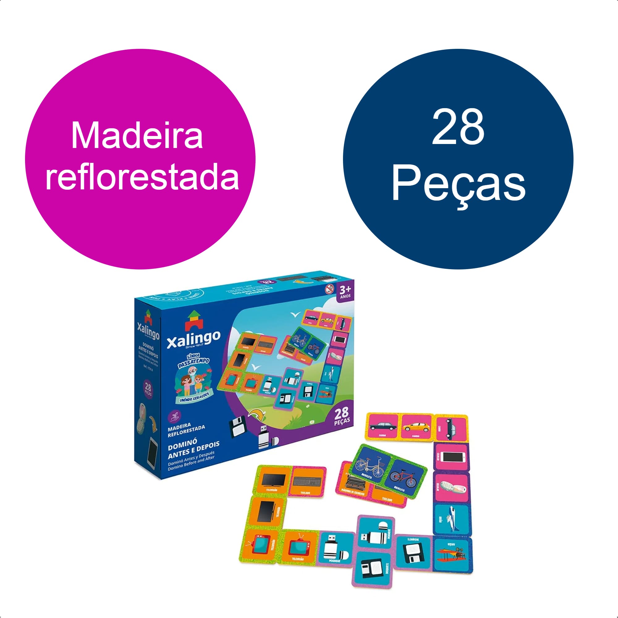 Jogo Passatempo Dominó Antes e Depois 28 Peças Em Madeira +3 Anos Xalingo - 17310