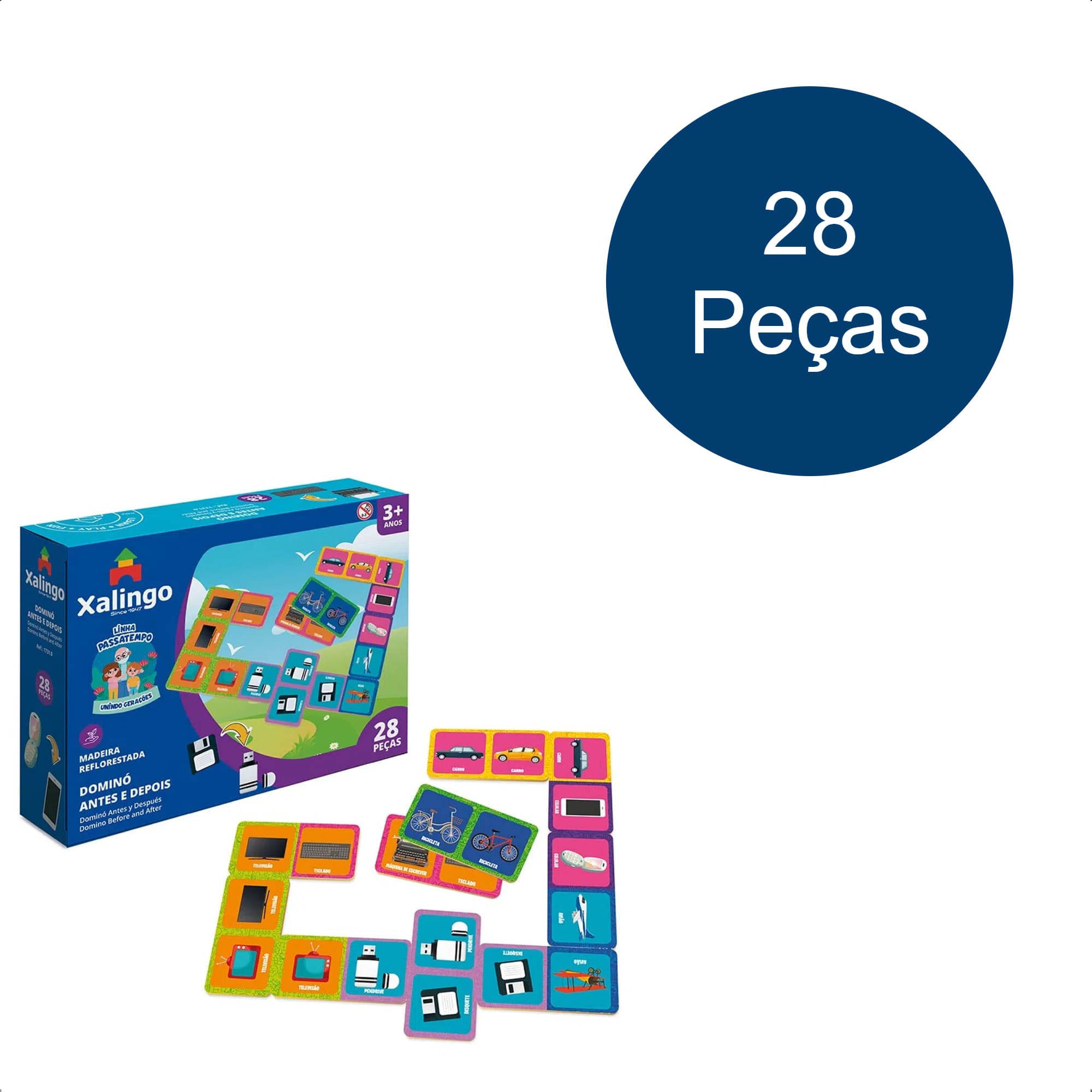Jogo Passatempo Dominó Antes e Depois 28 Peças Em Madeira +3 Anos Xalingo - 17310