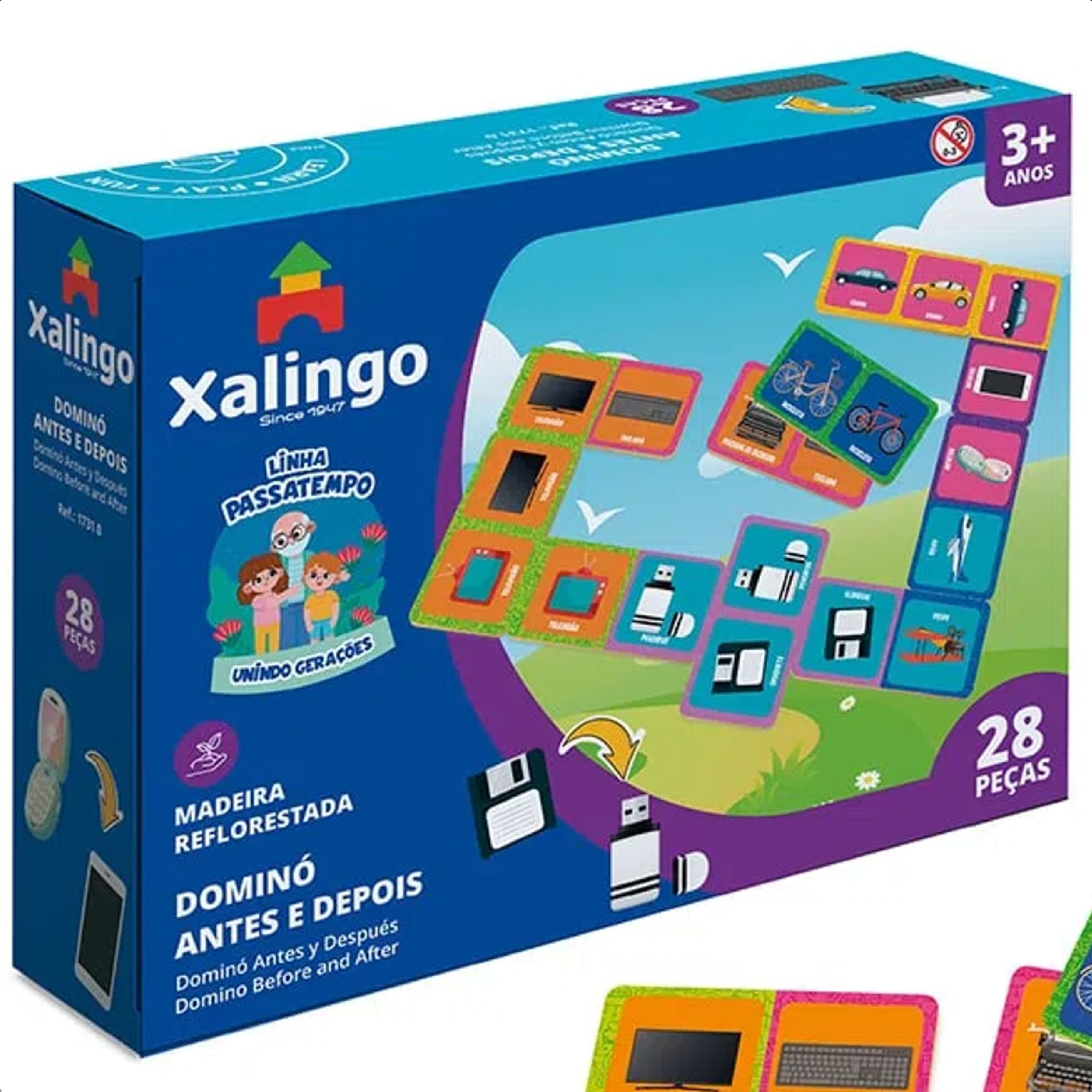 Jogo Passatempo Dominó Antes e Depois 28 Peças Em Madeira +3 Anos Xalingo - 17310