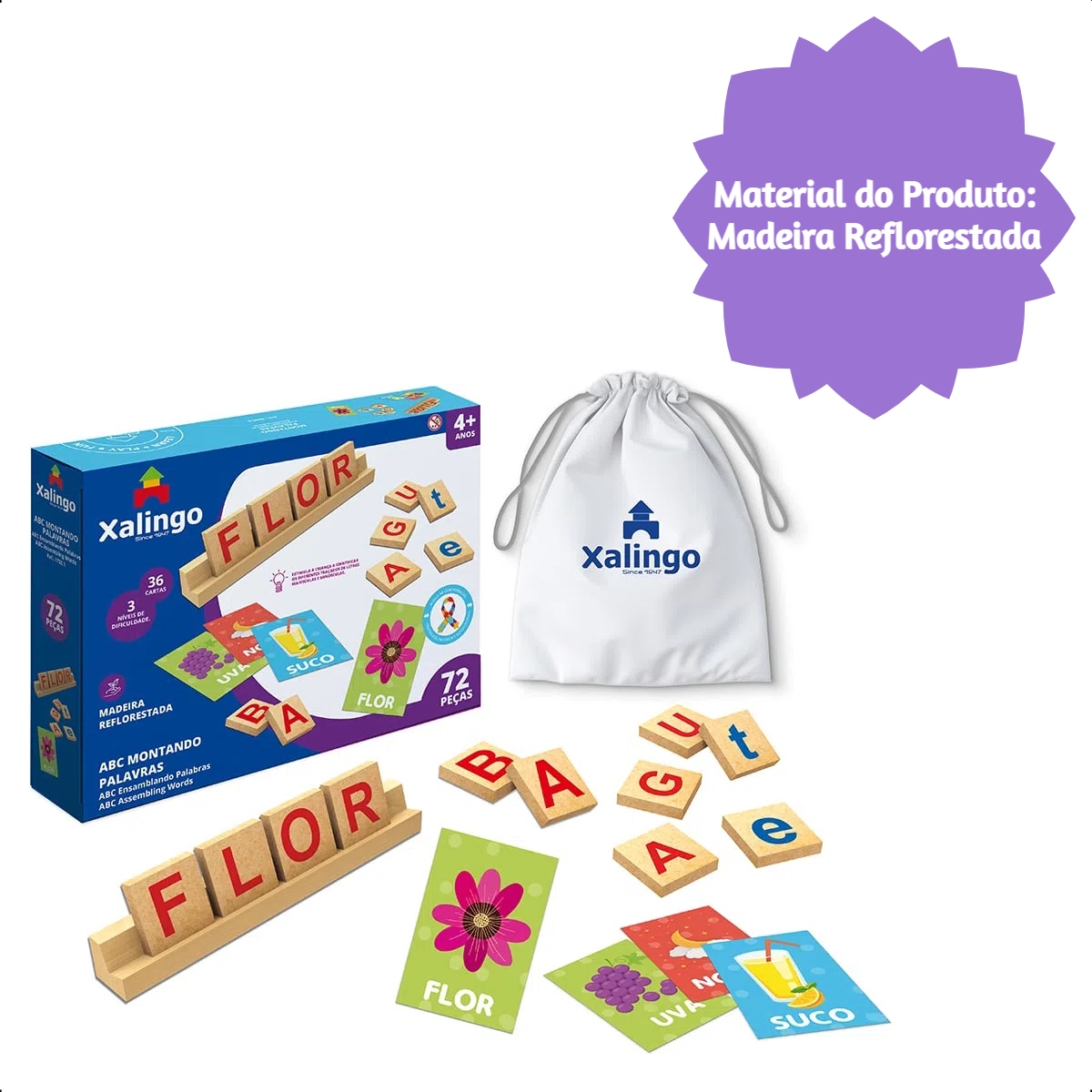 Brinquedo Infantil ABC Montando Palavras TDAH com 72 Peças a Partir de 4 anos Xalingo - 17321