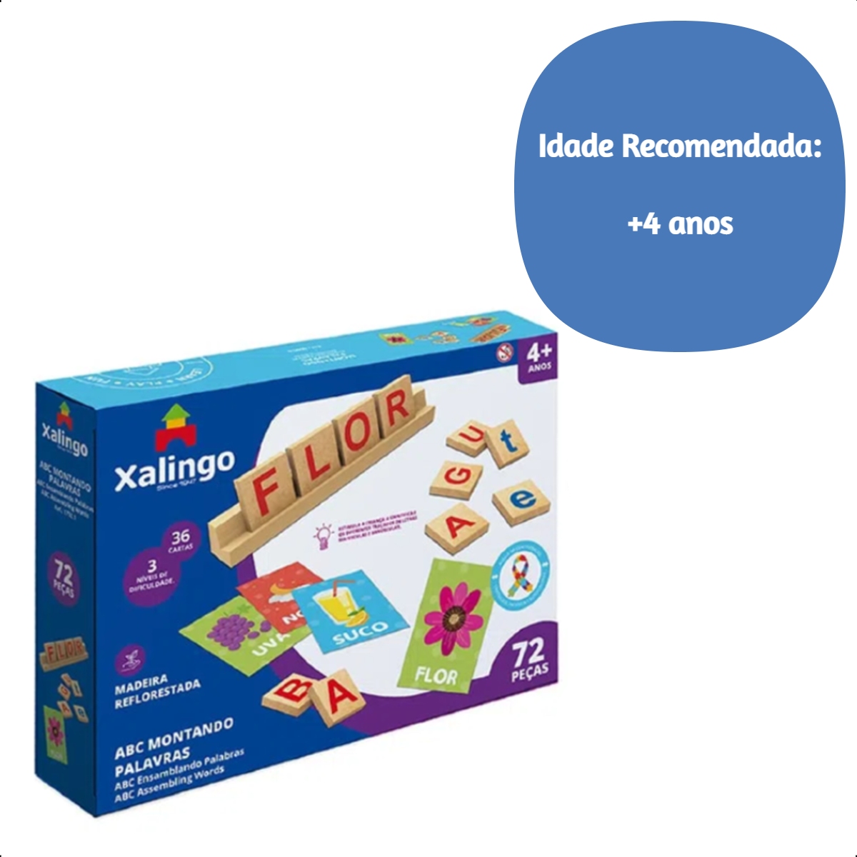 Brinquedo Infantil ABC Montando Palavras TDAH com 72 Peças a Partir de 4 anos Xalingo - 17321