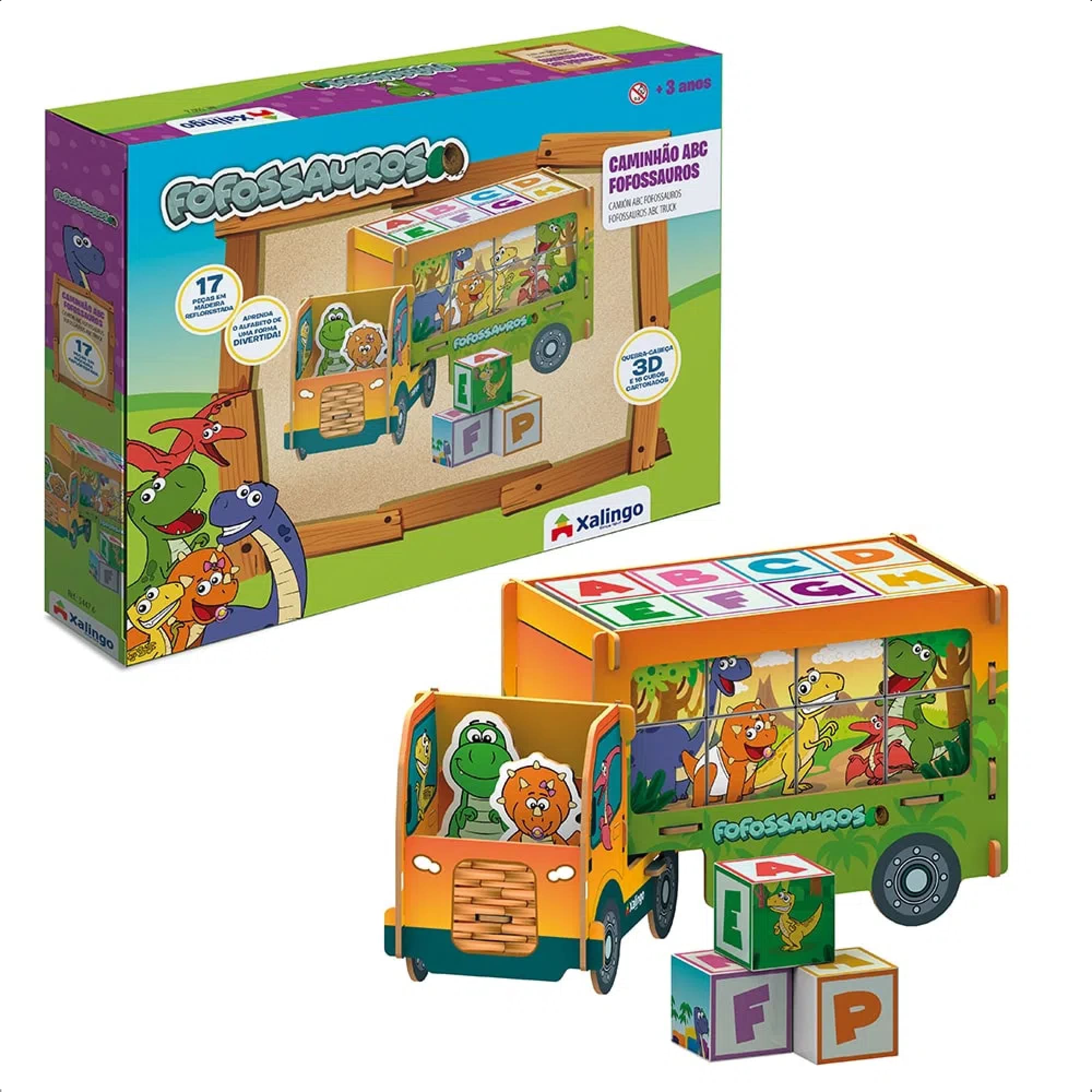 Brinquedo Caminhão ABC Playset Fofossauros 17 Peças em Madeira MDF +3 Anos Xalingo - 54476