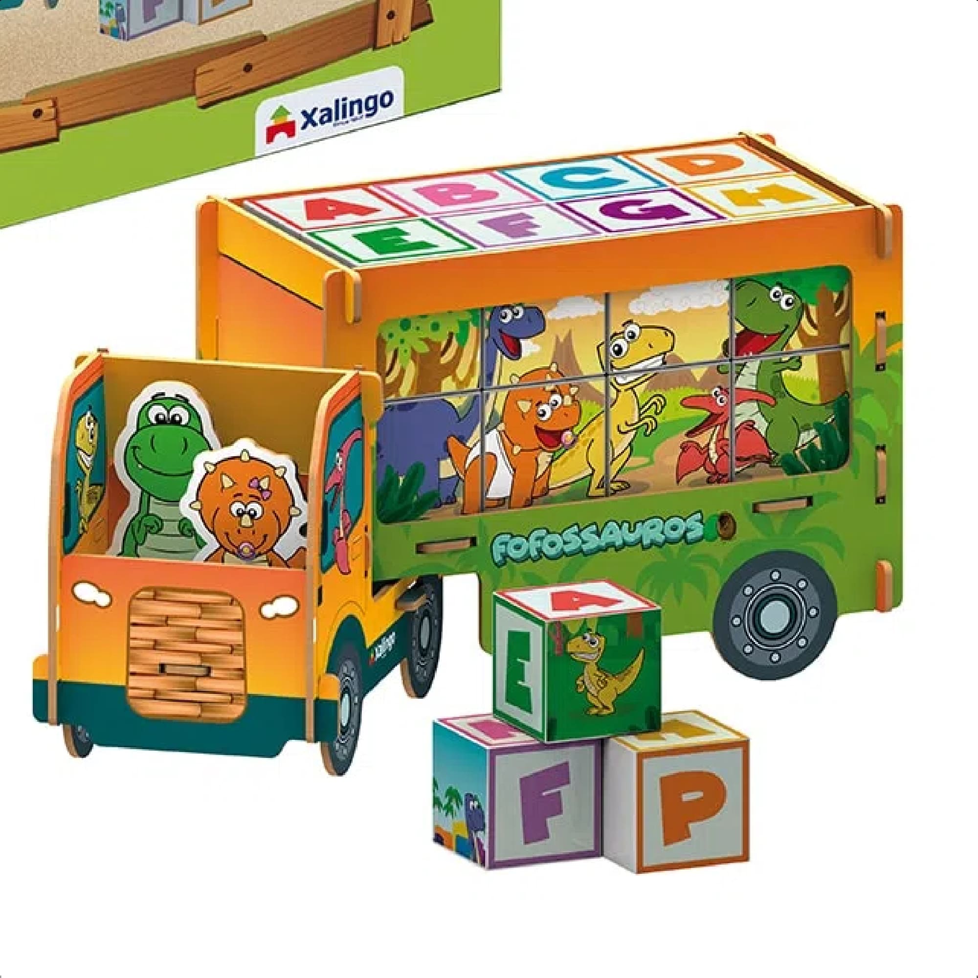 Brinquedo Caminhão ABC Playset Fofossauros 17 Peças em Madeira MDF +3 Anos Xalingo - 54476