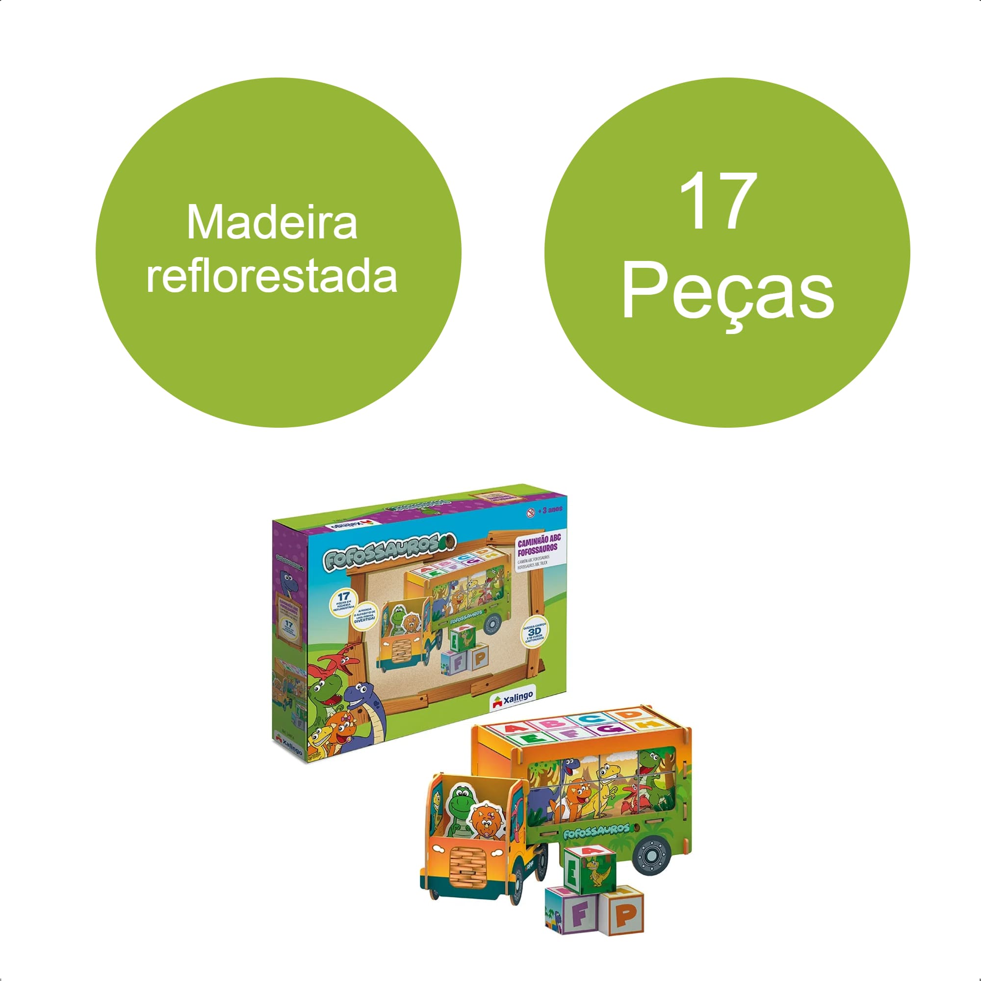 Brinquedo Caminhão ABC Playset Fofossauros 17 Peças em Madeira MDF +3 Anos Xalingo - 54476
