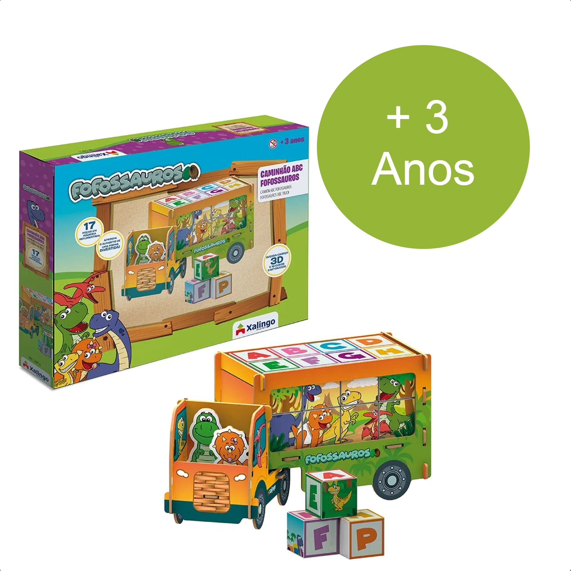 Brinquedo Caminhão ABC Playset Fofossauros 17 Peças em Madeira MDF +3 Anos Xalingo - 54476