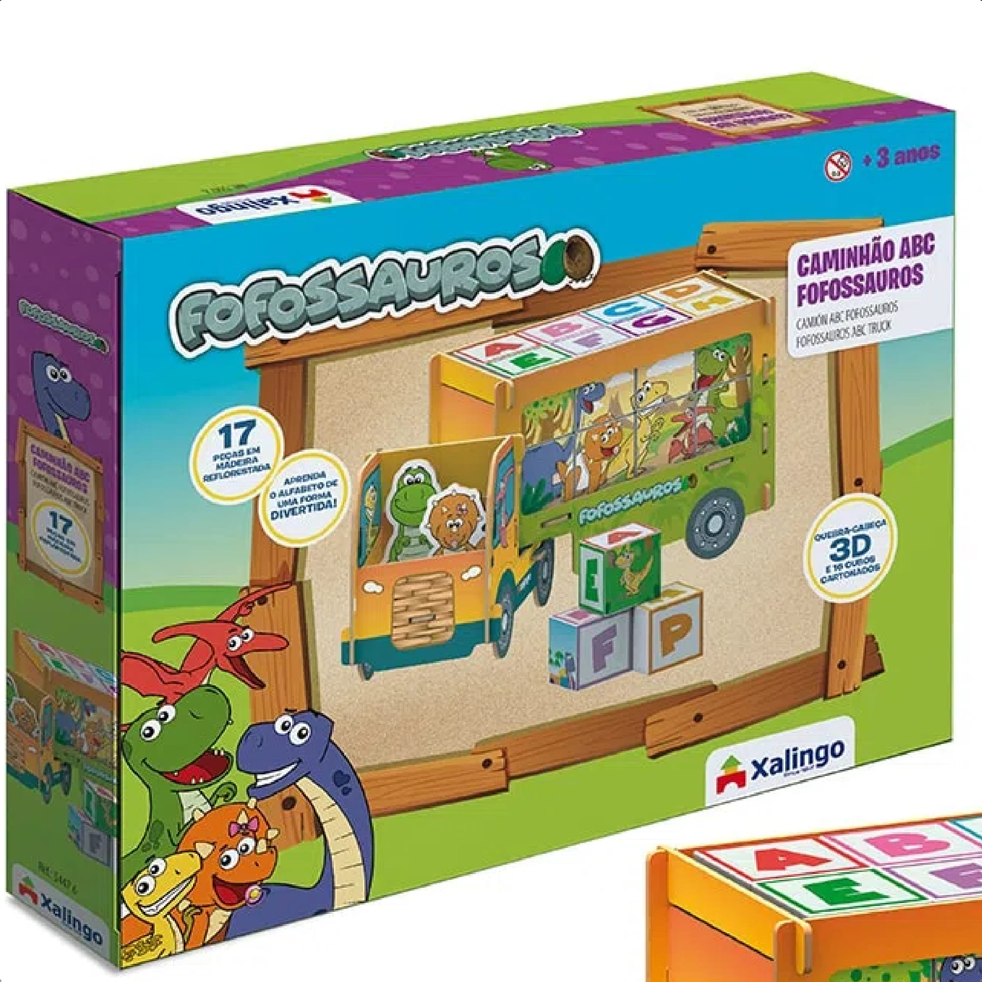 Brinquedo Caminhão ABC Playset Fofossauros 17 Peças em Madeira MDF +3 Anos Xalingo - 54476