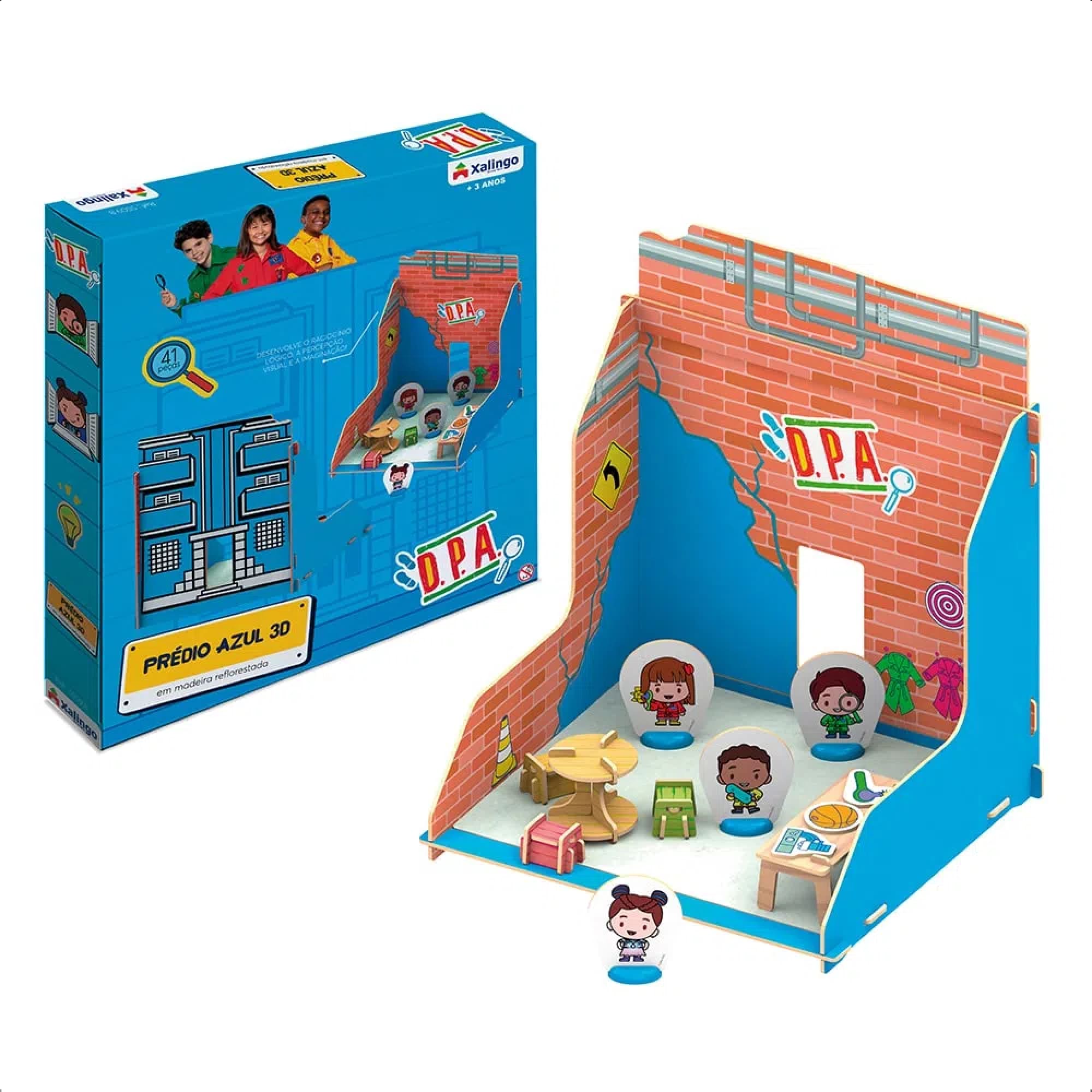Quebra-Cabeça 3D Playset D.P.A Prédio Azul 41 Peças Madeira +3 Anos Brinquedo Xalingo -55098