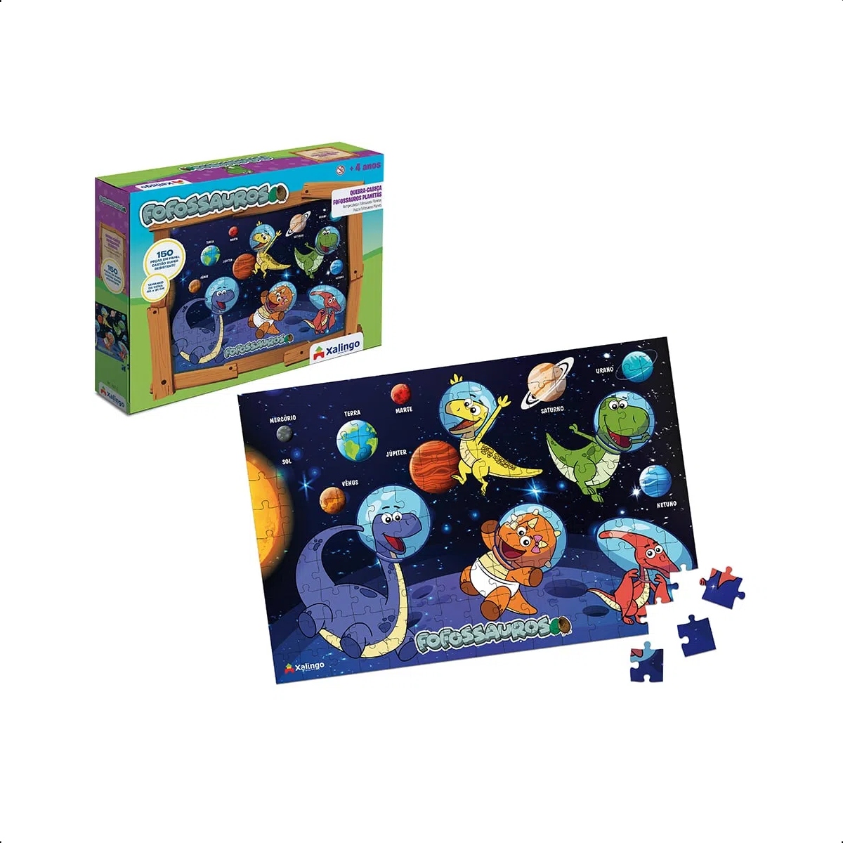 Quebra-cabeça Infantil  Papel Cartão Fofossauros Planetas 150 peças 46x31cm Xalingo - 16276