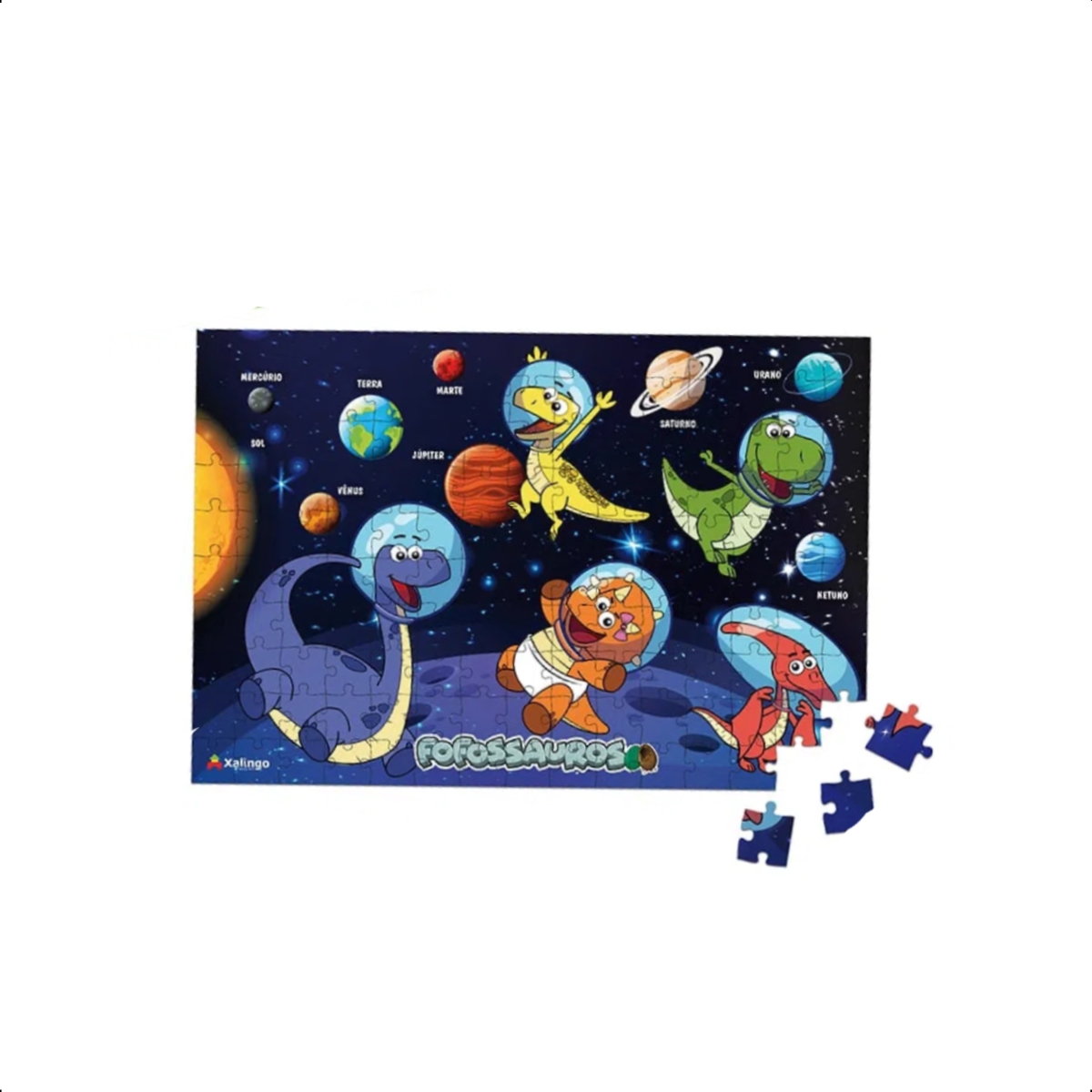 Quebra-cabeça Infantil  Papel Cartão Fofossauros Planetas 150 peças 46x31cm Xalingo - 16276