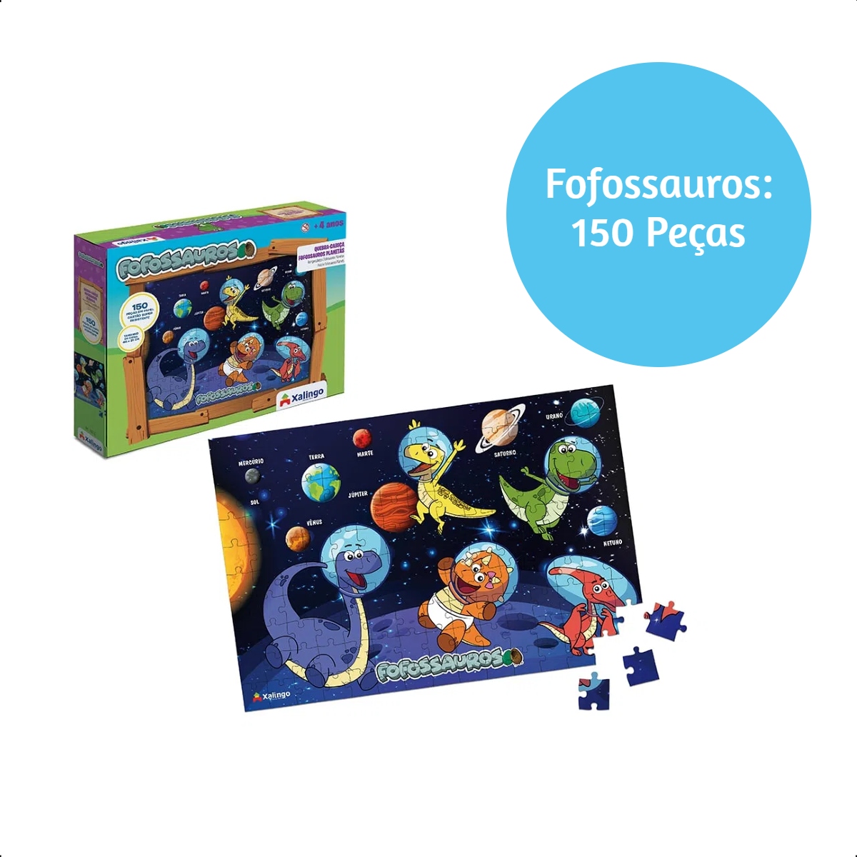 Quebra-cabeça Infantil  Papel Cartão Fofossauros Planetas 150 peças 46x31cm Xalingo - 16276