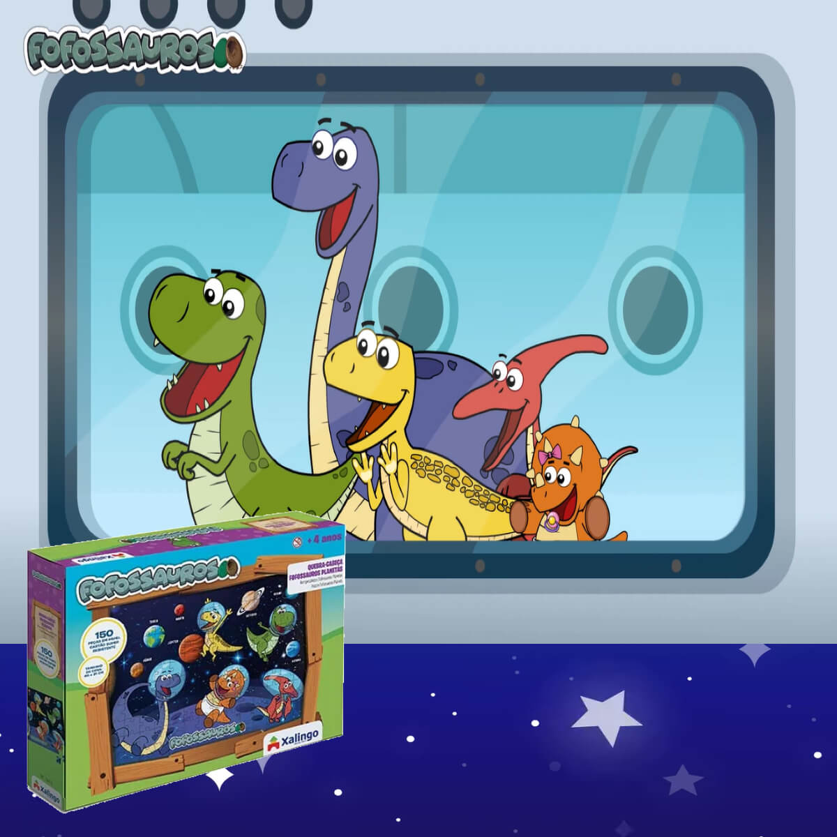 Quebra-cabeça Infantil  Papel Cartão Fofossauros Planetas 150 peças 46x31cm Xalingo - 16276