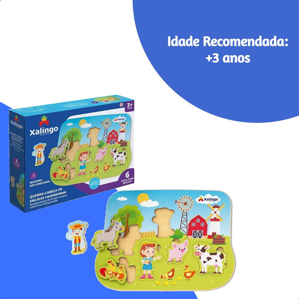 Quebra-Cabeça Infantil 6 Peças de Madeira Reflorestada Encaixe Fazendinha +3 anos Xalingo-17210