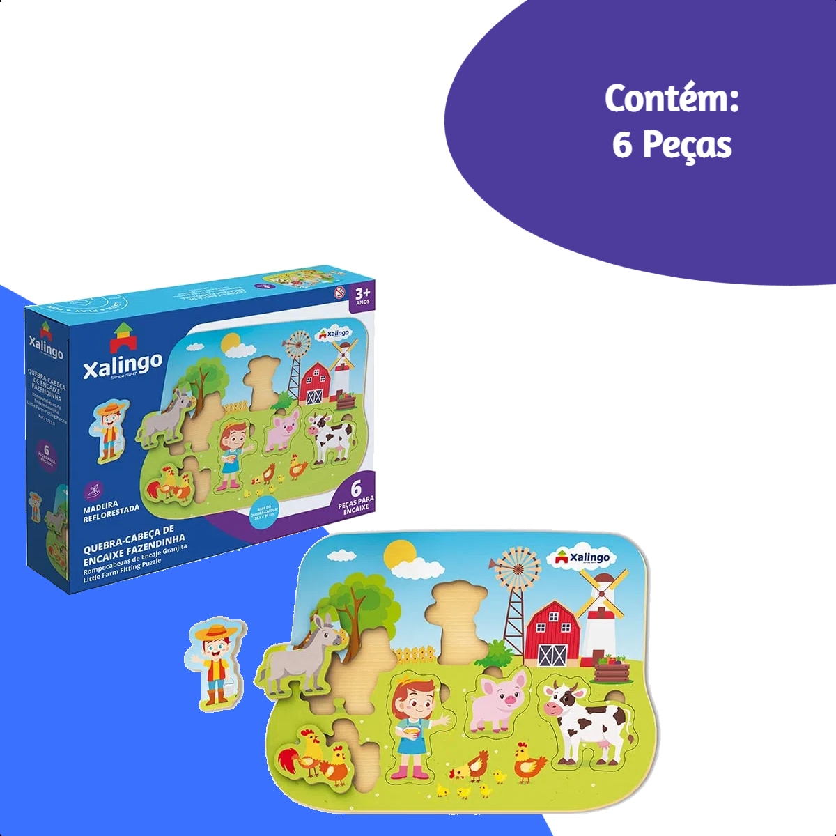 Quebra-Cabeça Infantil 6 Peças de Madeira Reflorestada Encaixe Fazendinha +3 anos Xalingo-17210