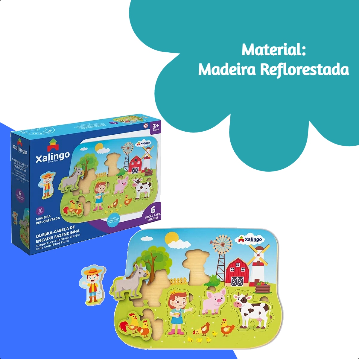 Quebra-Cabeça Infantil 6 Peças de Madeira Reflorestada Encaixe Fazendinha +3 anos Xalingo-17210