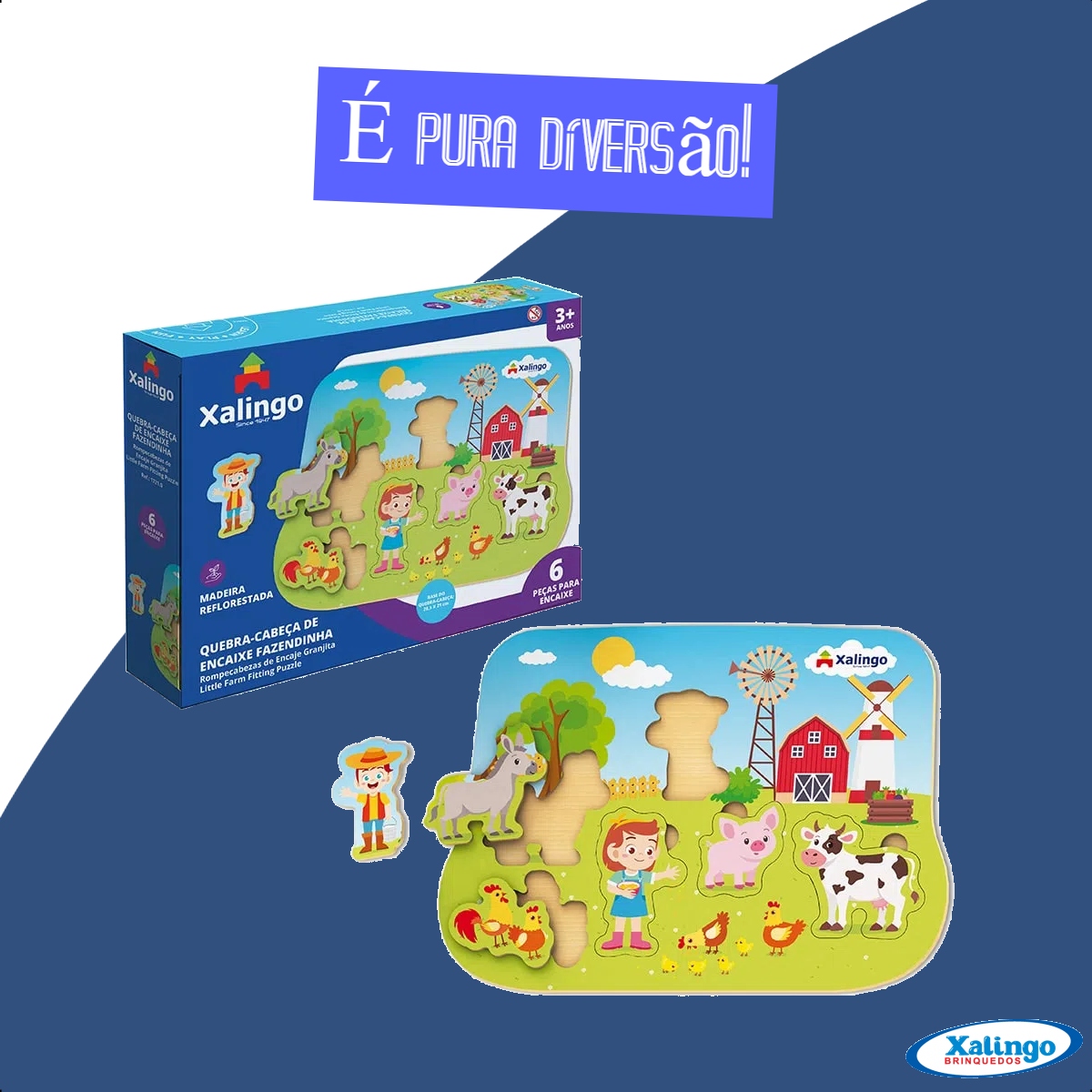 Quebra-Cabeça Infantil 6 Peças de Madeira Reflorestada Encaixe Fazendinha +3 anos Xalingo-17210