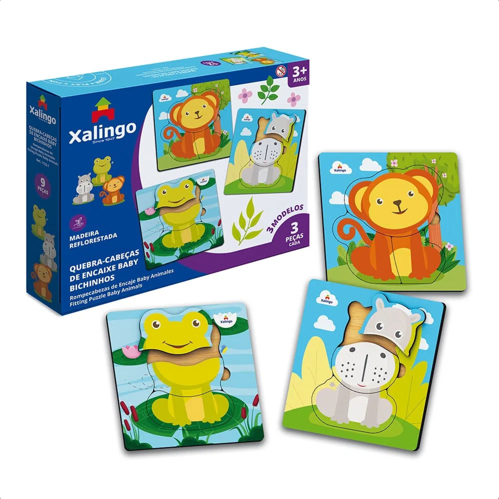 Quebra-Cabeça Infantil De Encaixe Baby Bichinhos 12 Peças Madeira 15x5x15 cm +3 Anos Xalingo-17221