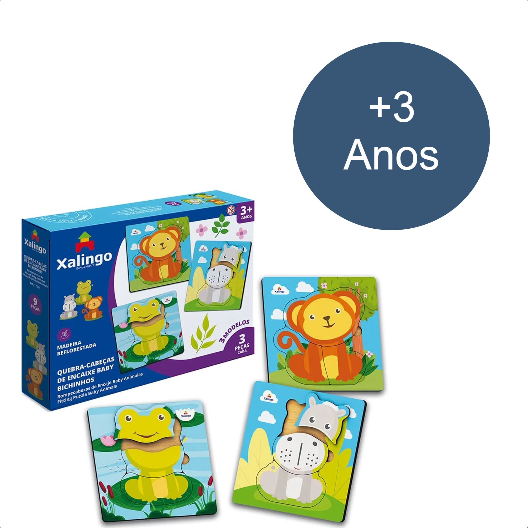 Quebra-Cabeça Infantil De Encaixe Baby Bichinhos 12 Peças Madeira 15x5x15 cm +3 Anos Xalingo-17221