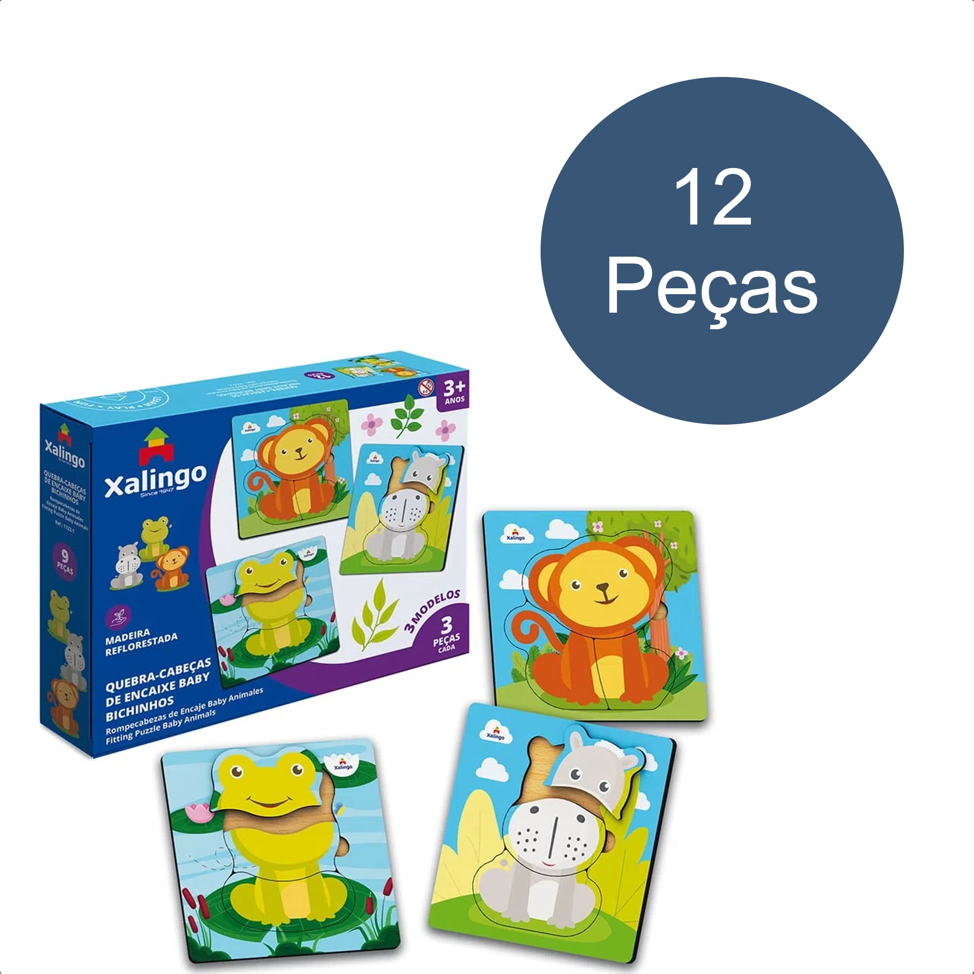 Quebra-Cabeça Infantil De Encaixe Baby Bichinhos 12 Peças Madeira 15x5x15 cm +3 Anos Xalingo-17221