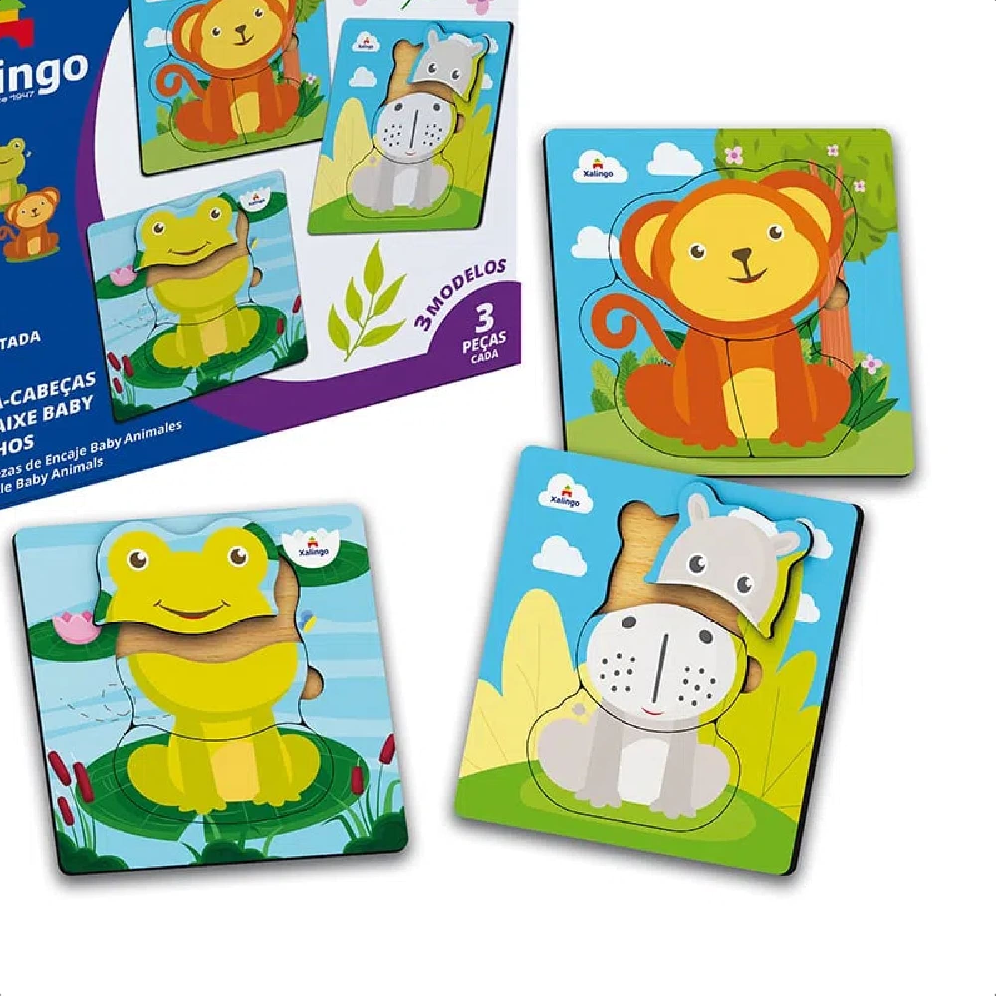 Quebra-Cabeça Infantil De Encaixe Baby Bichinhos 12 Peças Madeira 15x5x15 cm +3 Anos Xalingo-17221