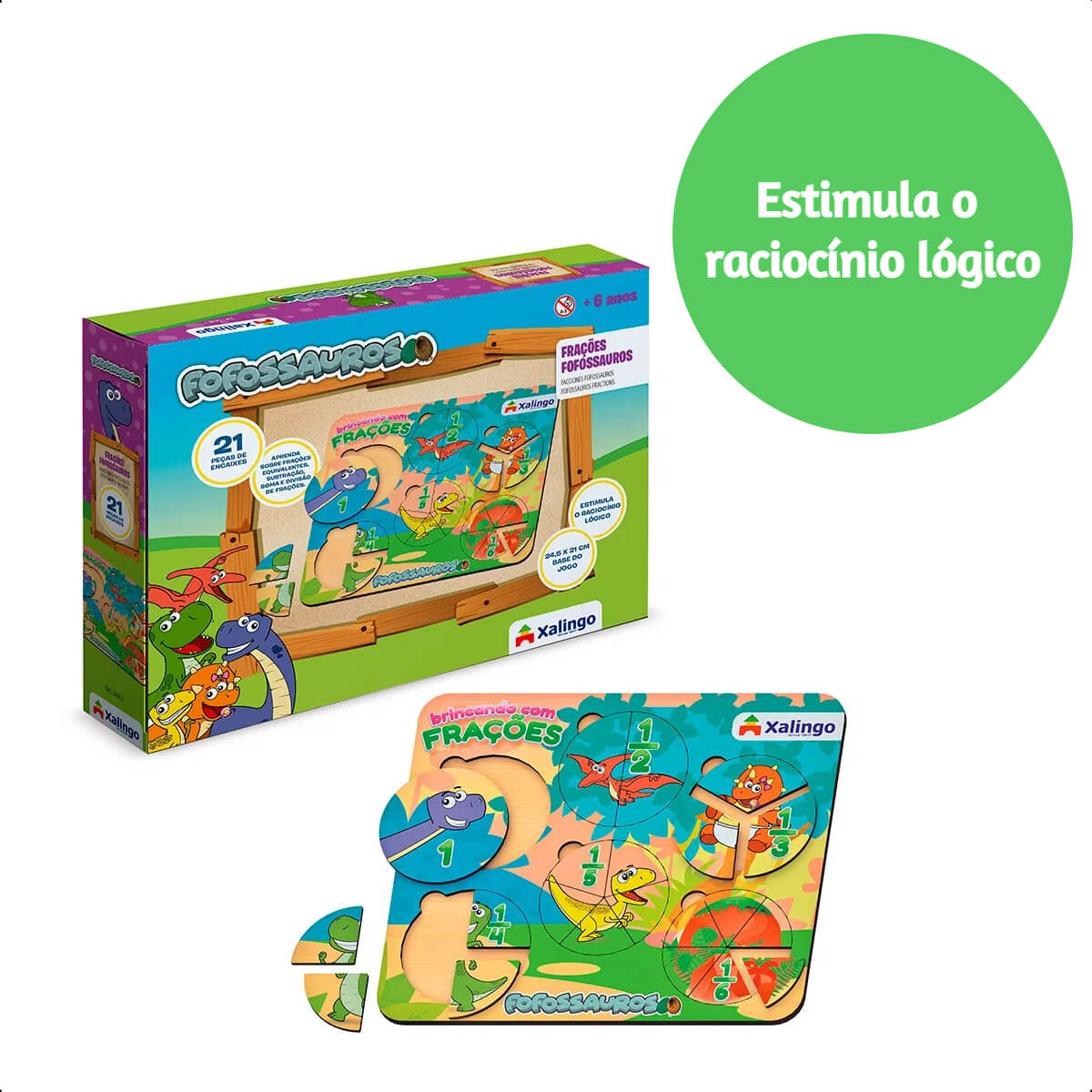 Quebra-Cabeça Infantil de Encaixe Frações Fofossauros +6 anos 21 Peças Xalingo-54487